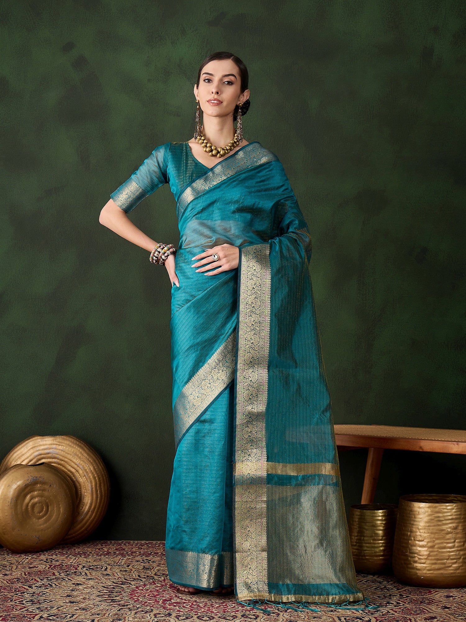 Firozi Khadi Organza Woven Jacquard Designer Traditional Festive Wear Saree