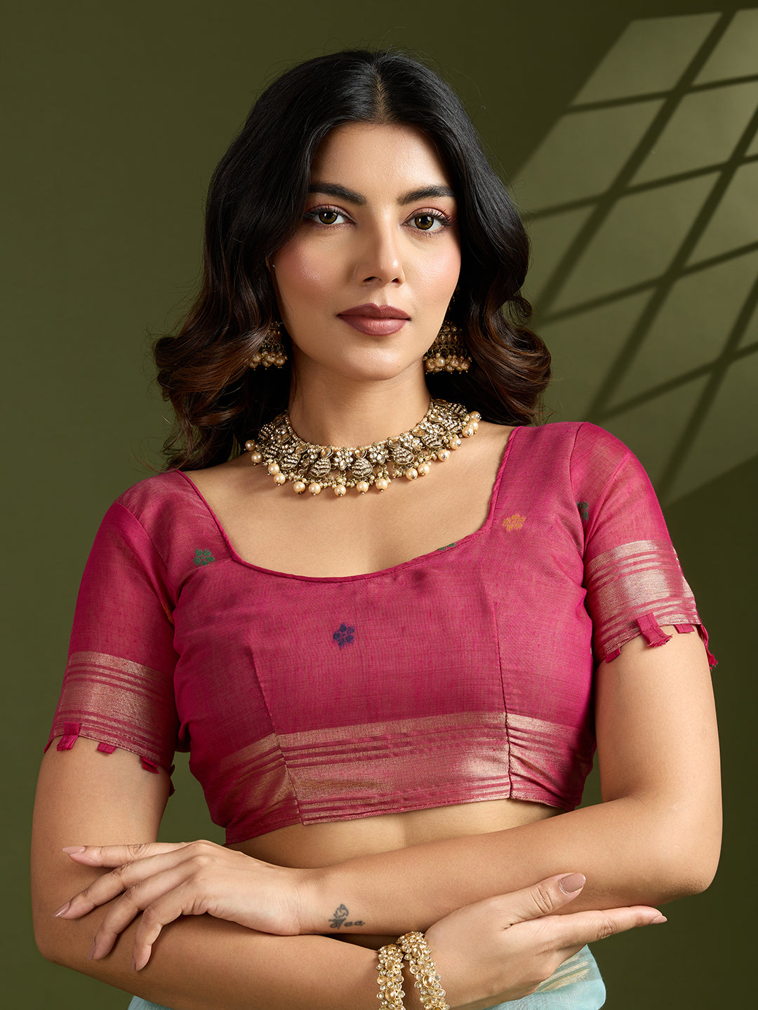 Firozi Muga Cotton Saree with Flower Butti and Paithani Pallu