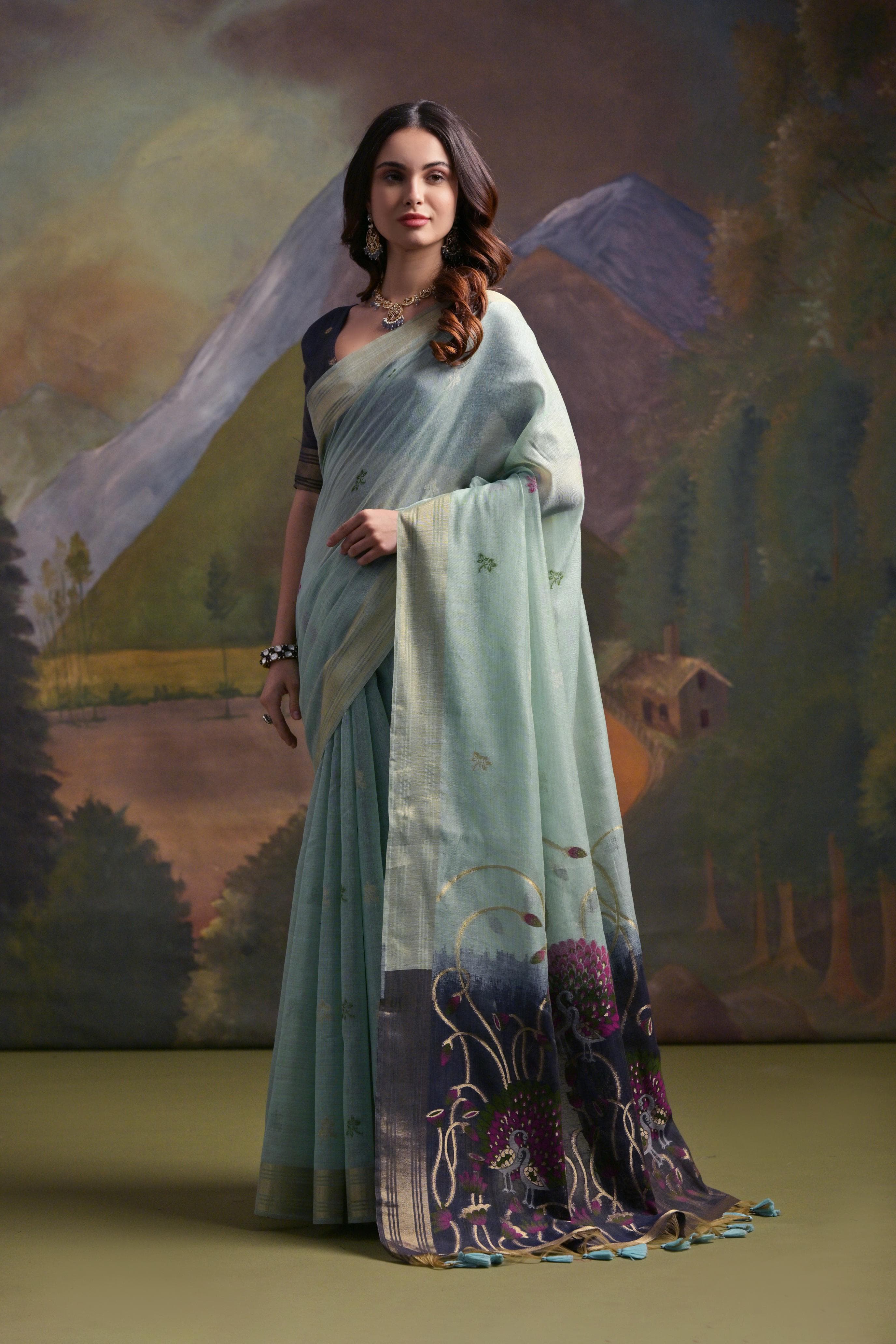 Firozi Muga Cotton Saree with Peacock Pallu and Butti Weaves