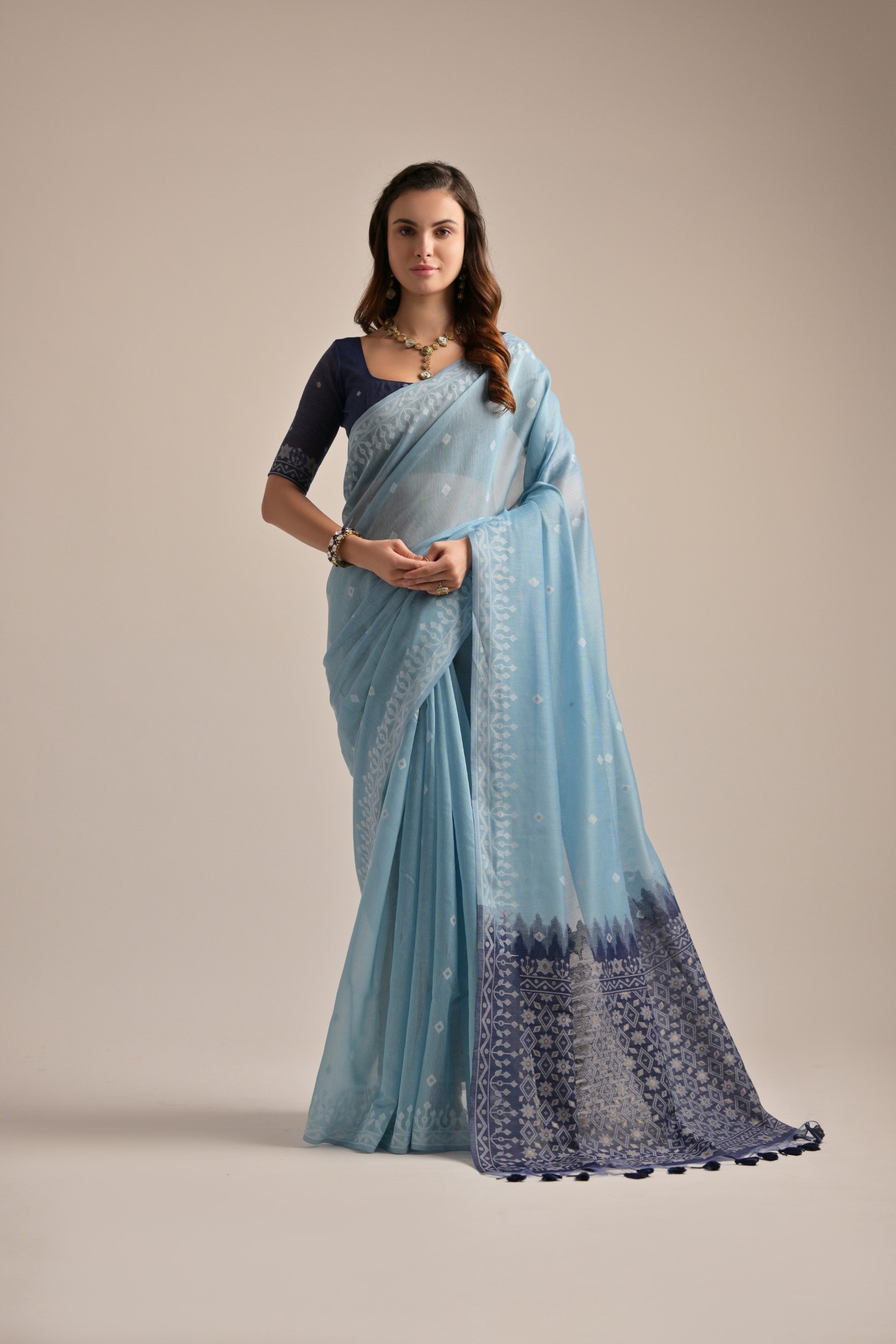 Firozi Muga Cotton Saree with Thread Butti and Lakhnawi Pallu