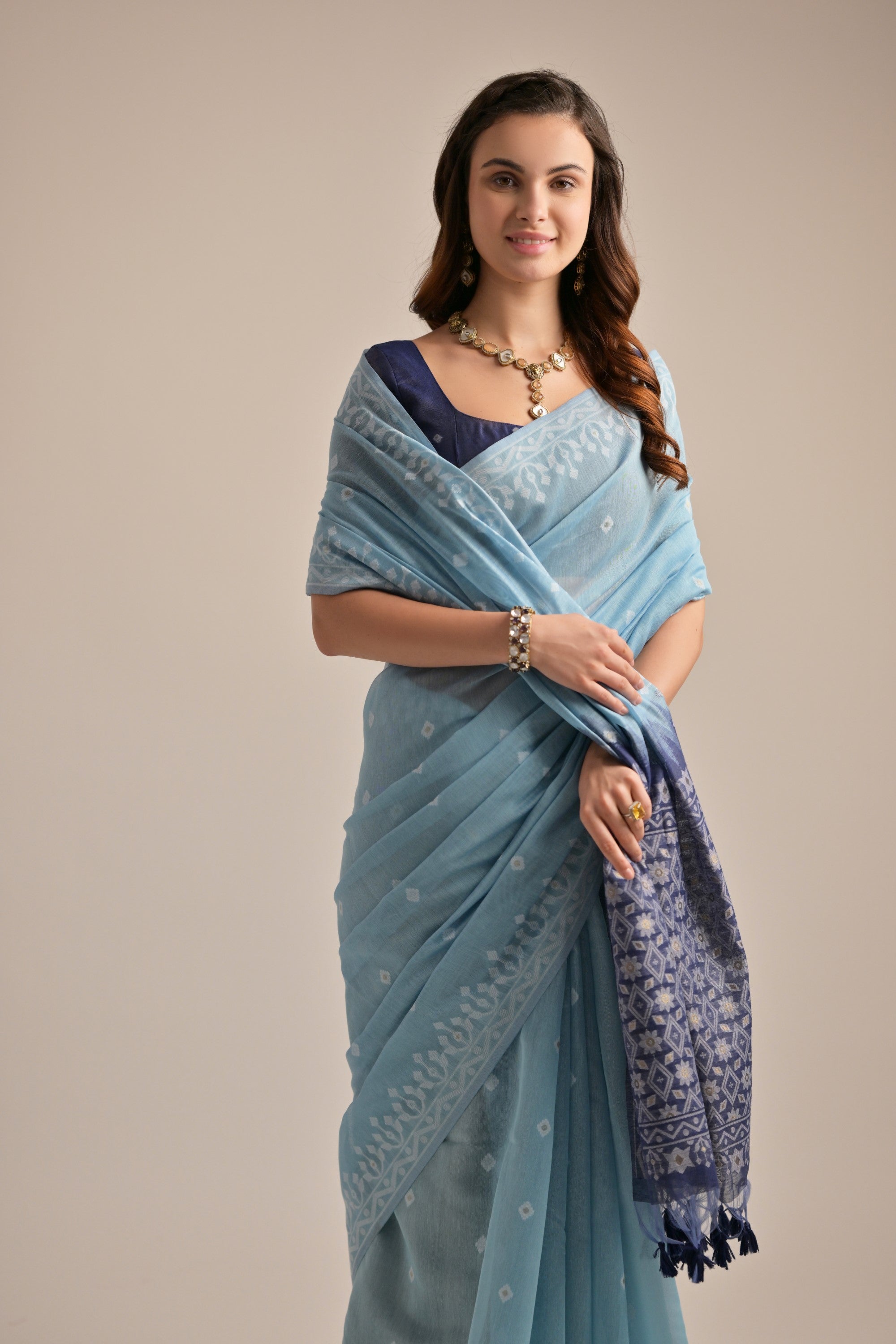 Firozi Muga Cotton Saree with Thread Butti and Lakhnawi Pallu