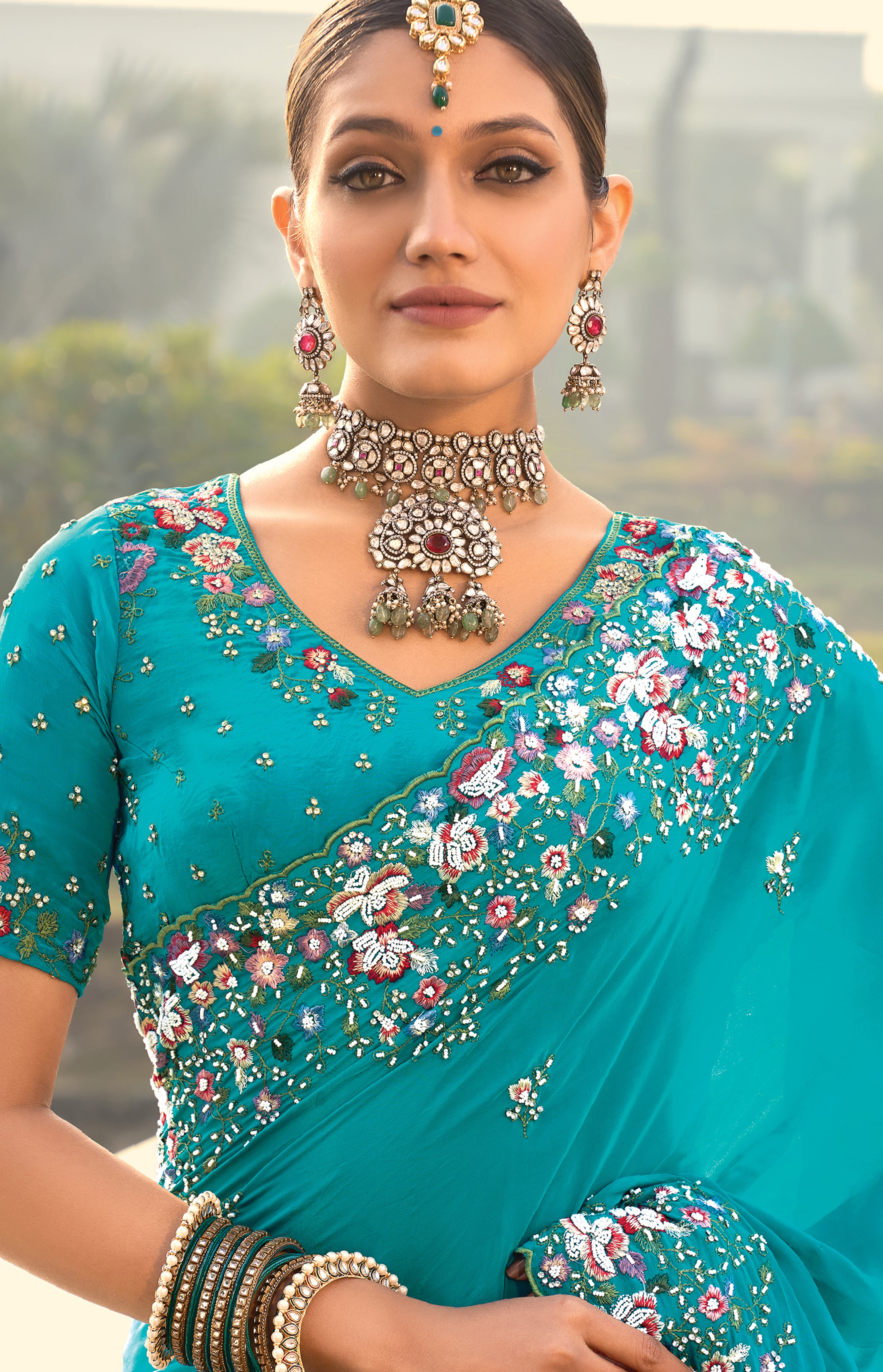 Firozi Pure Crepe Saree With Embroidery Work