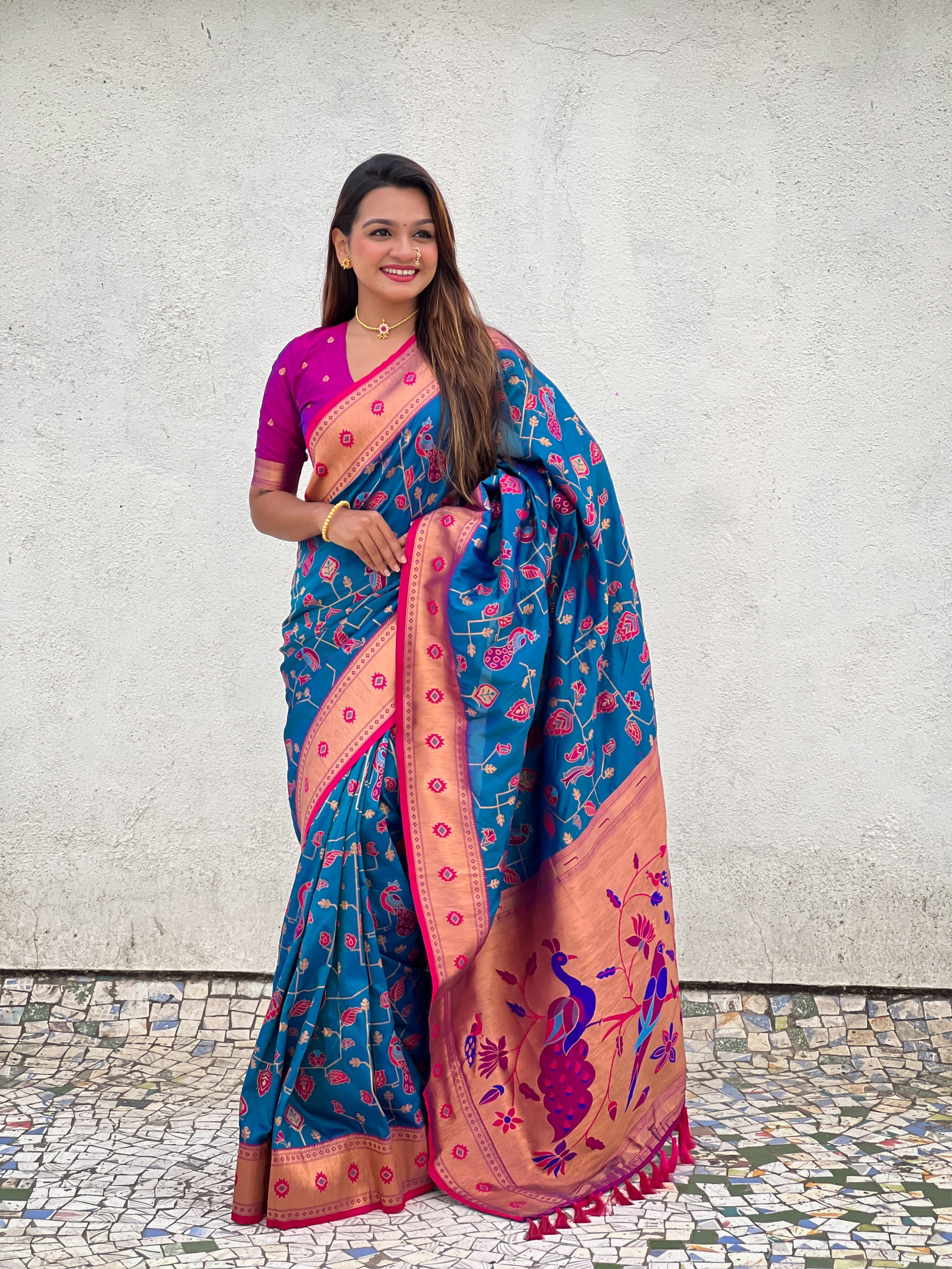 Firozi Soft Silk Fabri Woven Paithani Meenakari Designer Ceremonial Saree