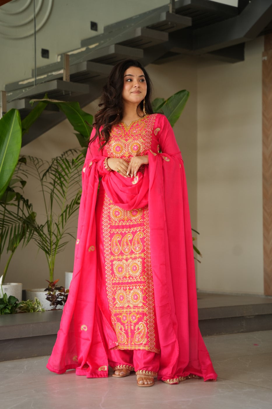 Gajari Chinon Designer Suit Set With Zari Mukaish Thread Embroidery