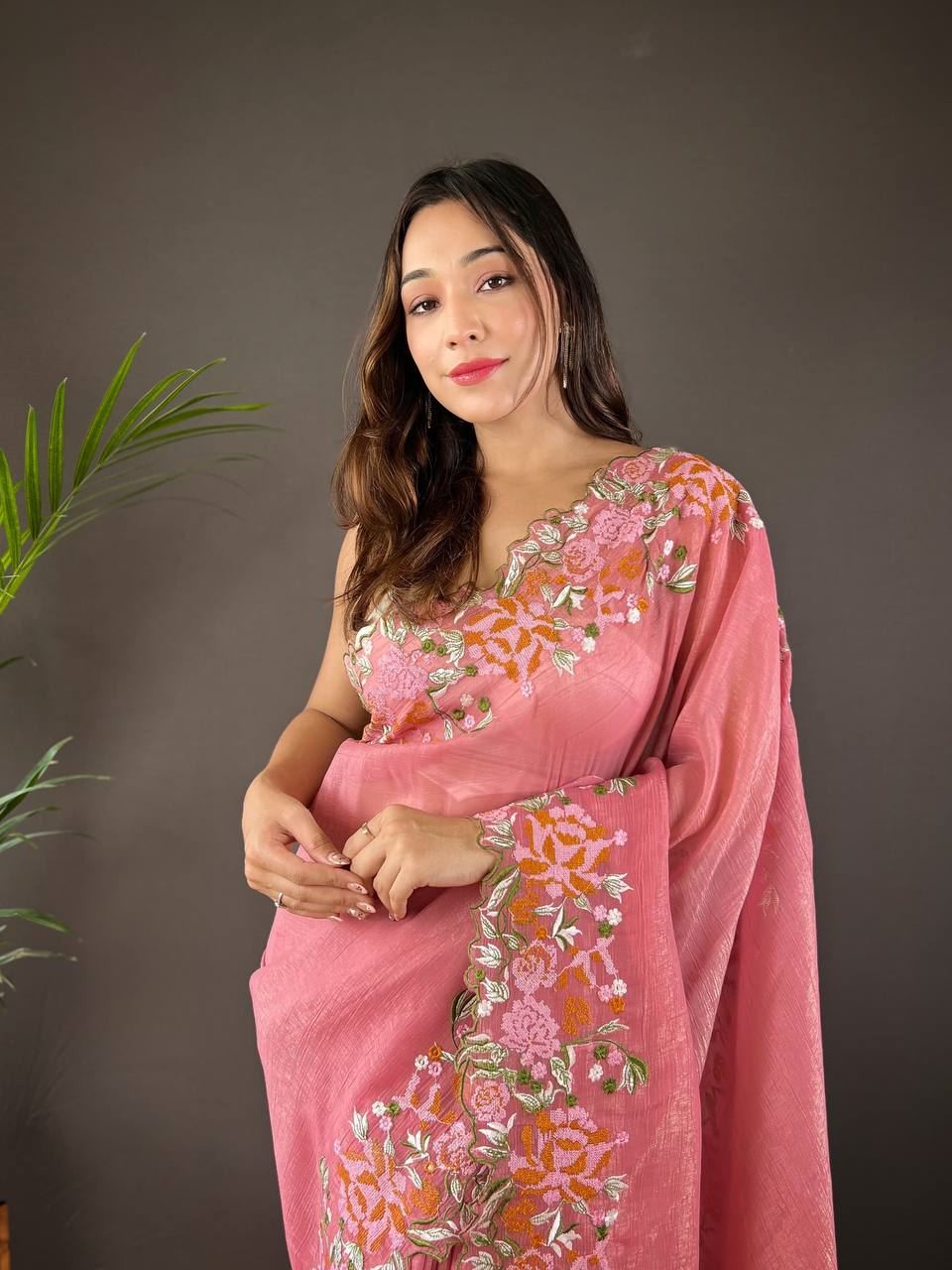 Gajari Colour Soft Glossy Silk Heavy Embroidery Work Saree