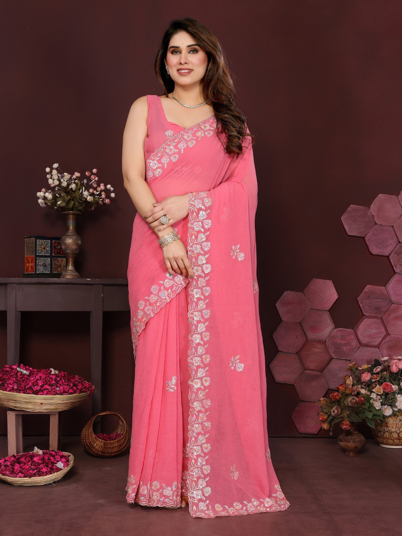 Gajari Georgette Saree With Embroidery Work And Designer Blouse