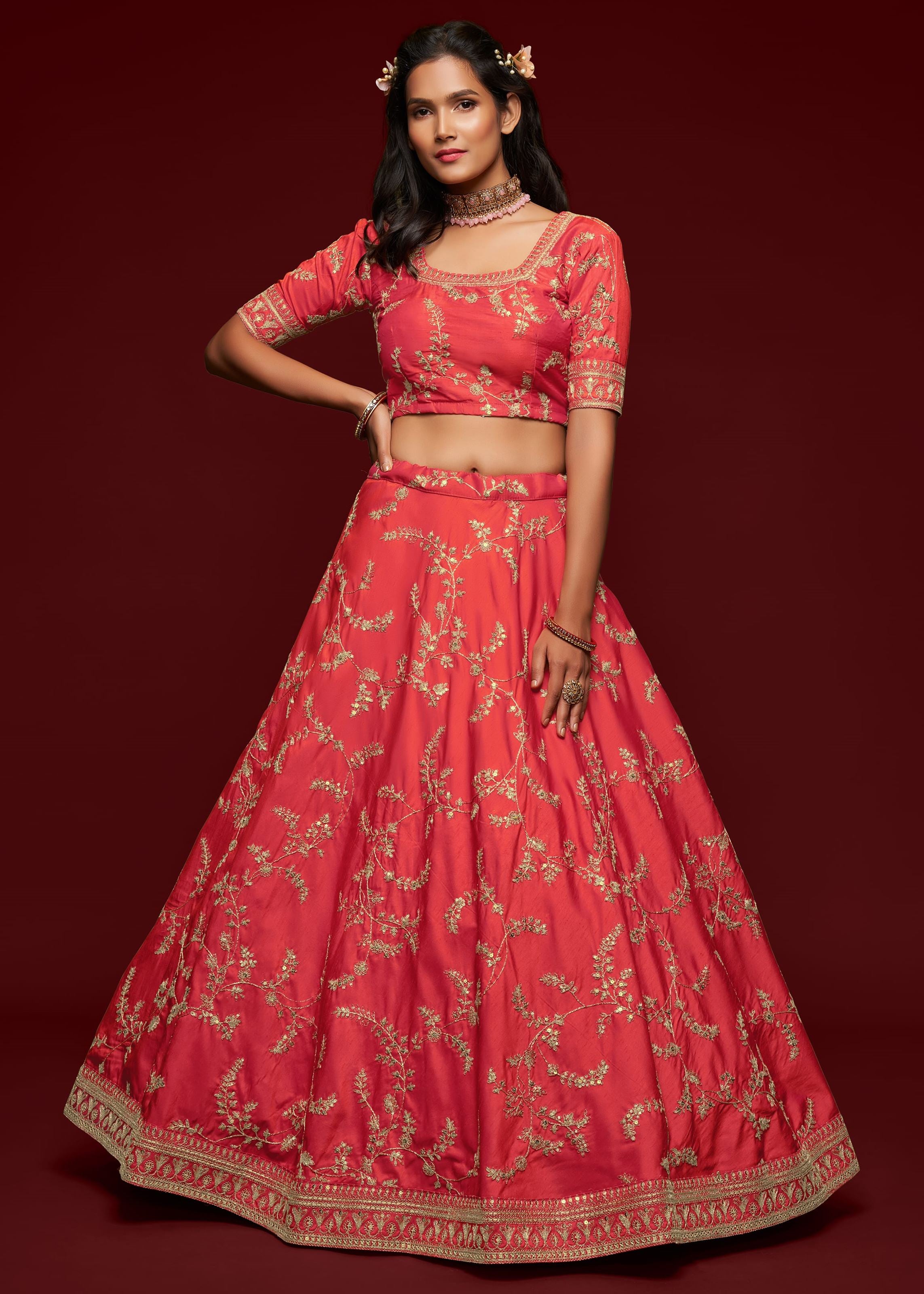Gajri Art Silk Lehenga Choli With Thread, Zari, Dori and Sequins Embroidery Work