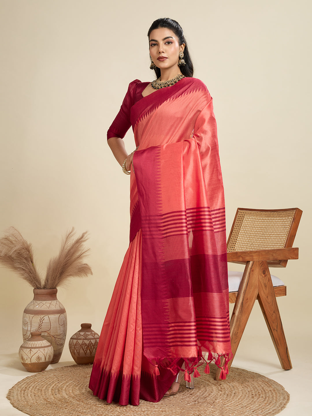 Gajri Raw Silk Saree with Temple Border and Striped Pallu