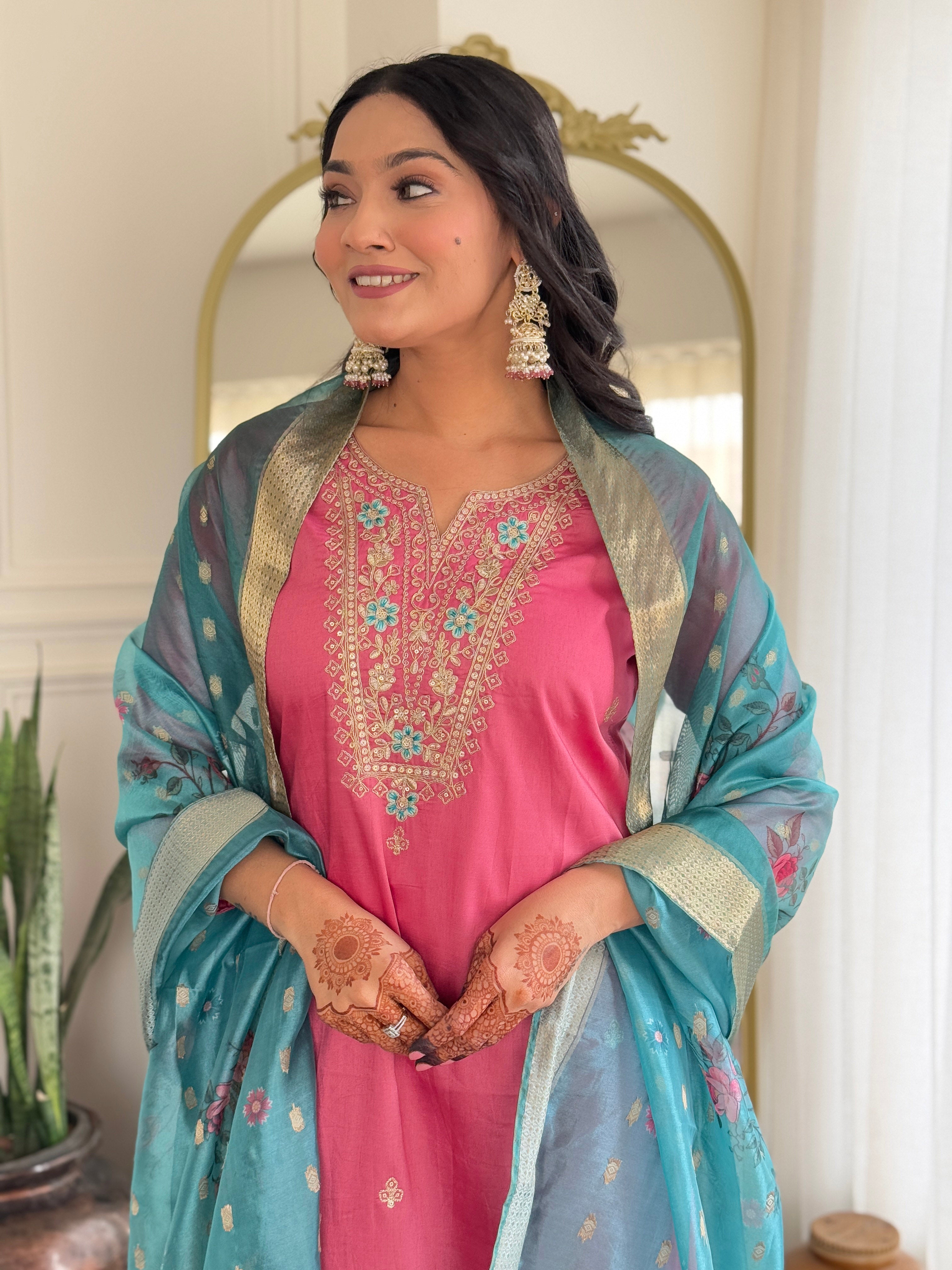 Gajri Viscose Silk Elegant Kurta Pant Set With Embroidery Work