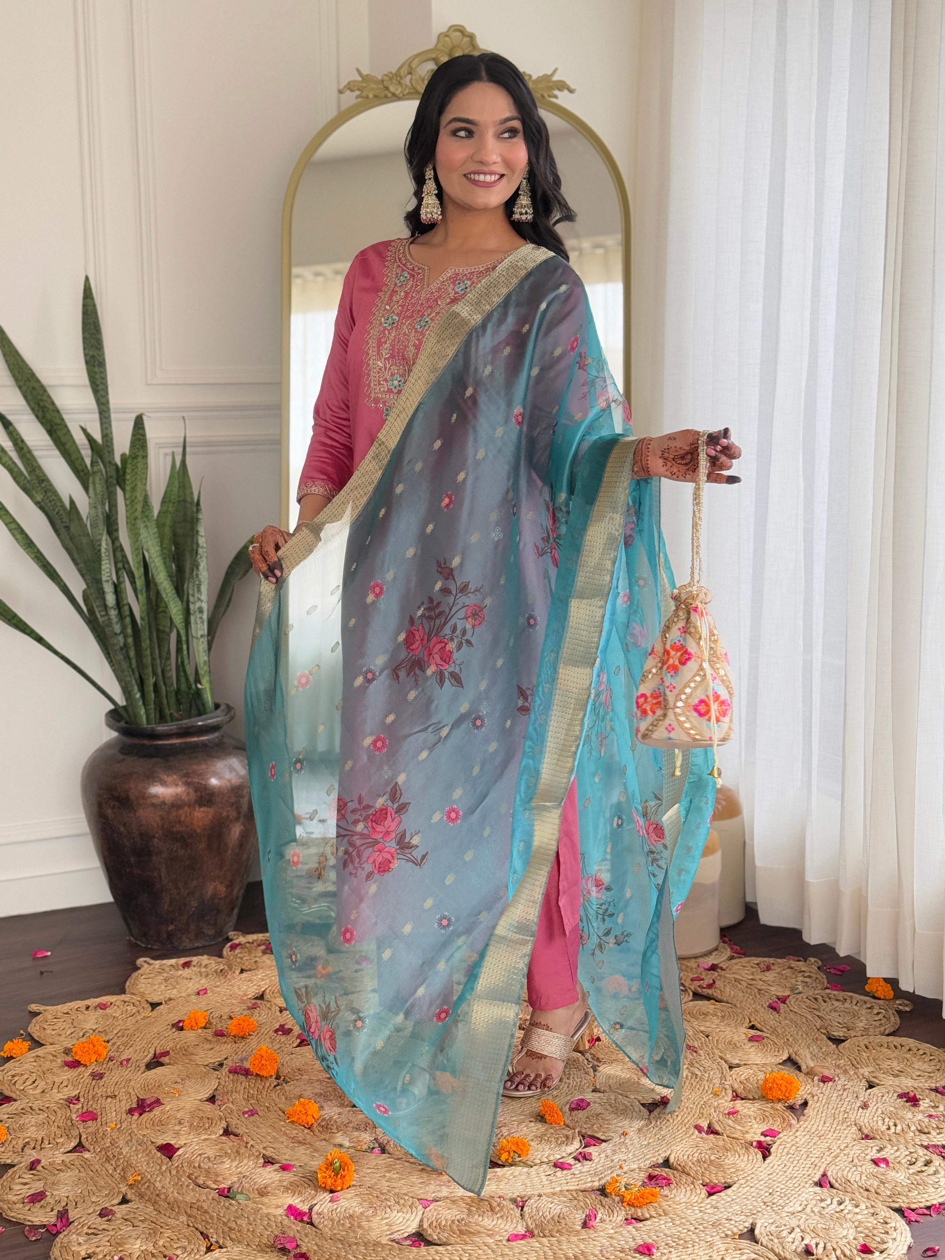 Gajri Viscose Silk Elegant Kurta Pant Set With Embroidery Work