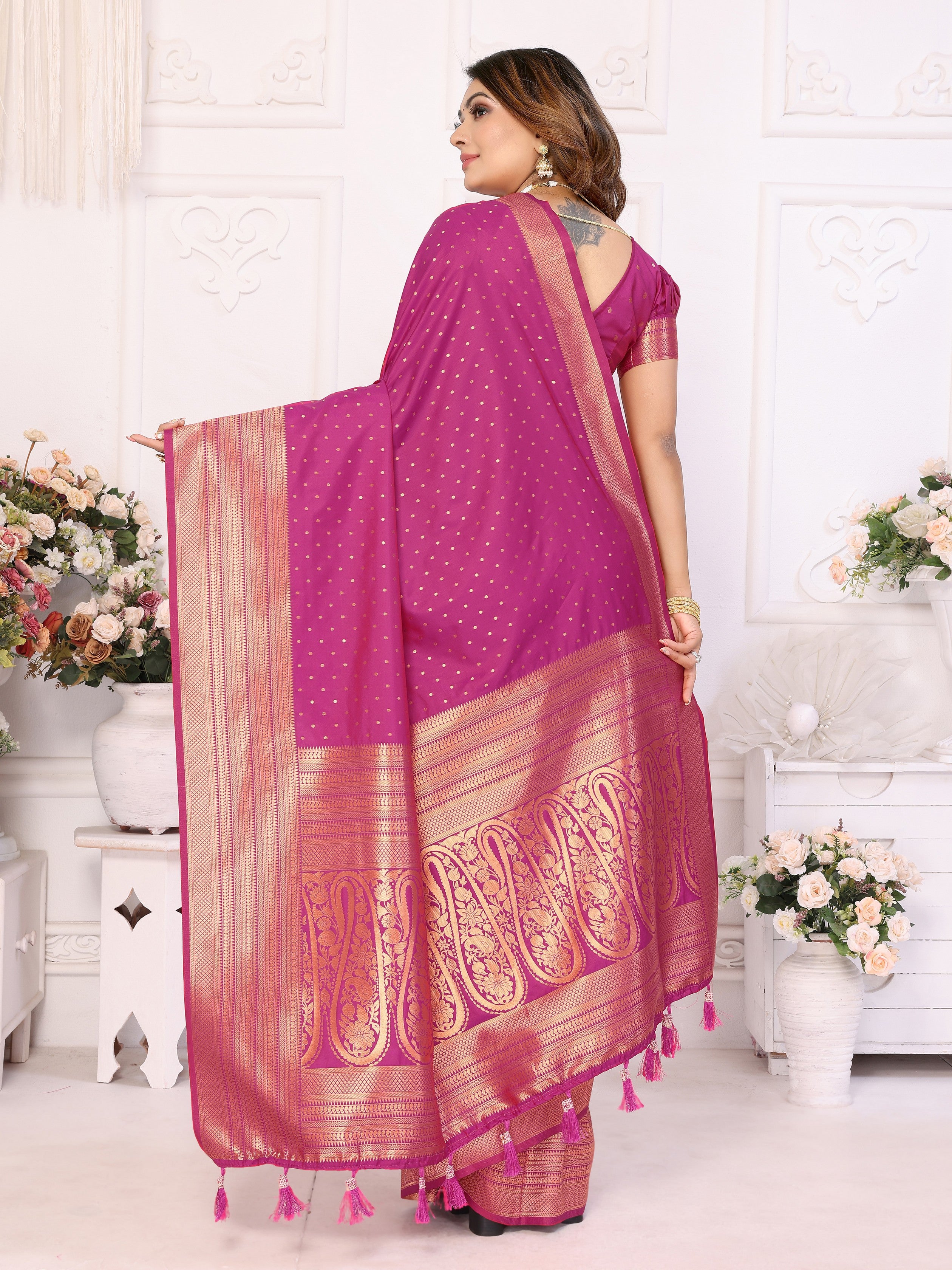 Girlie Woven Jari Designer Soft Silk Saree In Magenta