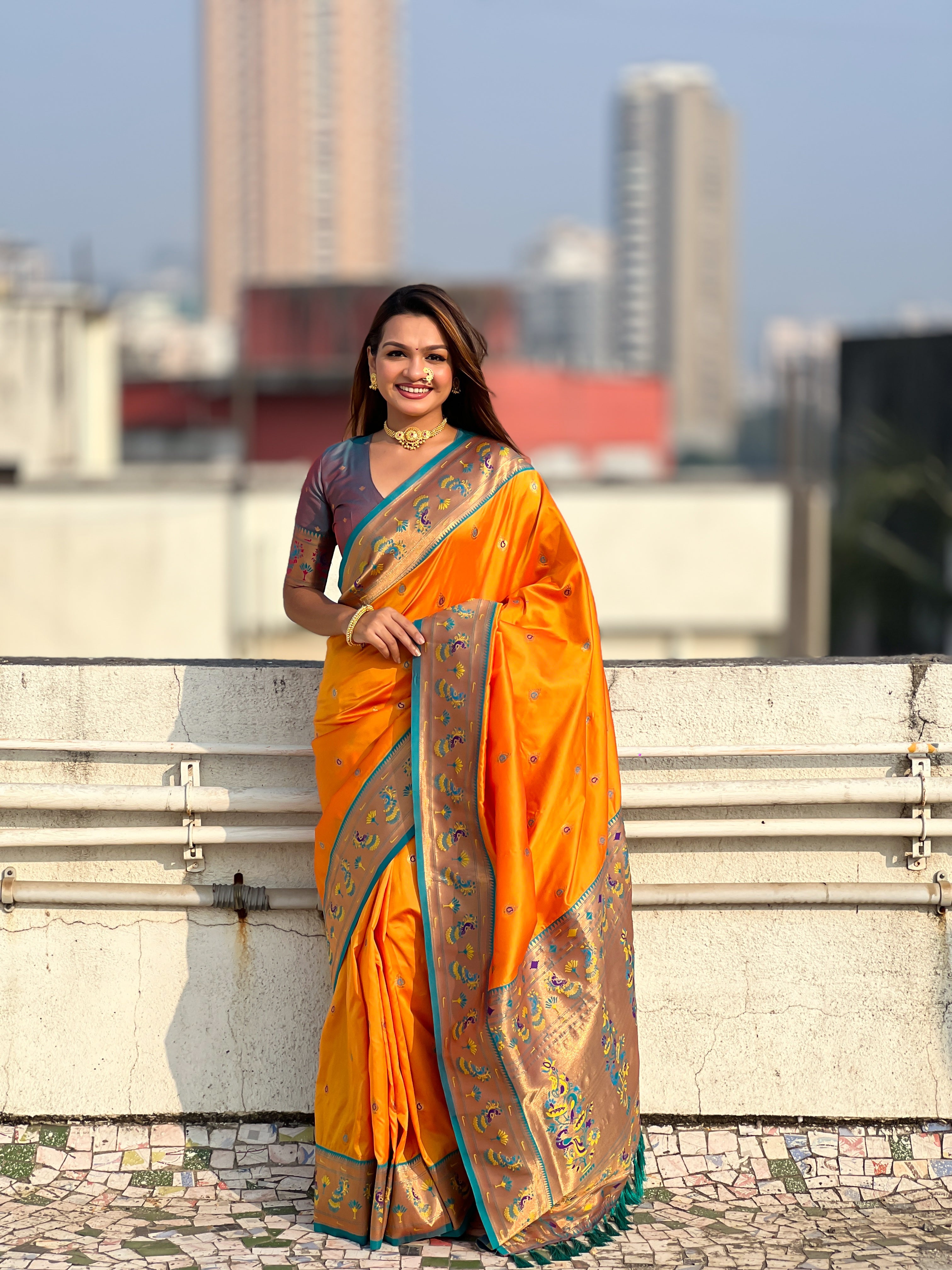Glamorous Weaving Meenakari Designer Soft Silk Ethnic Partywear Orange Saree