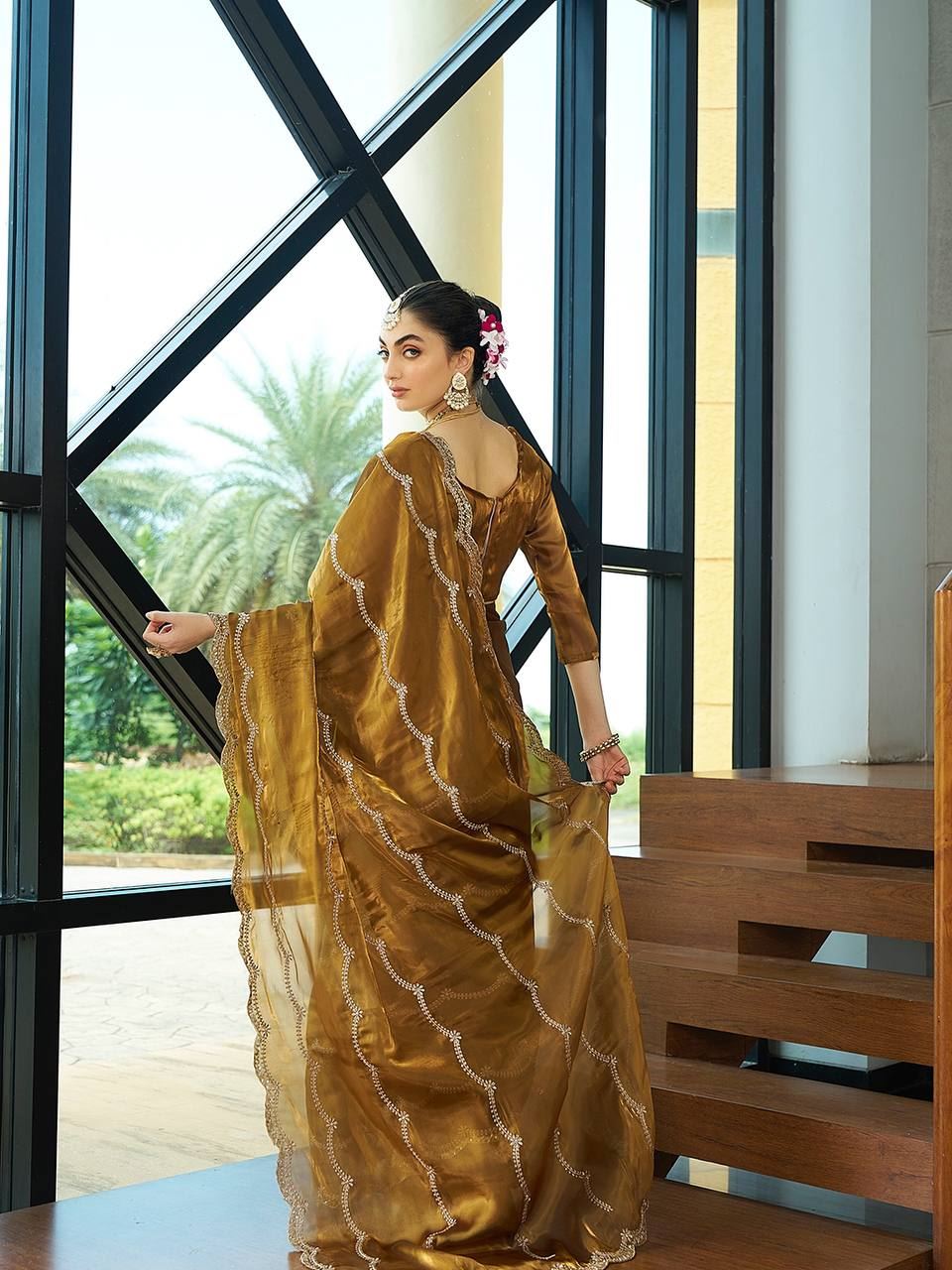 Gold Colour Zimichu Silk Embroidery Work Saree