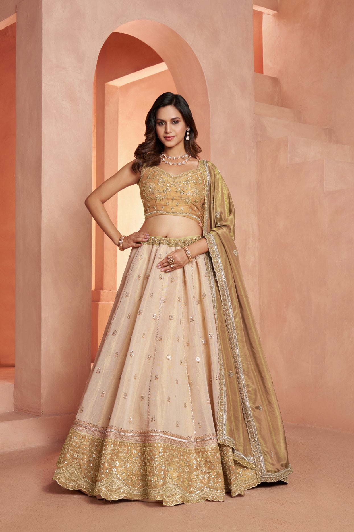 Gold Kanjivaram Tissue Handcrafted Bridal Lehenga Choli