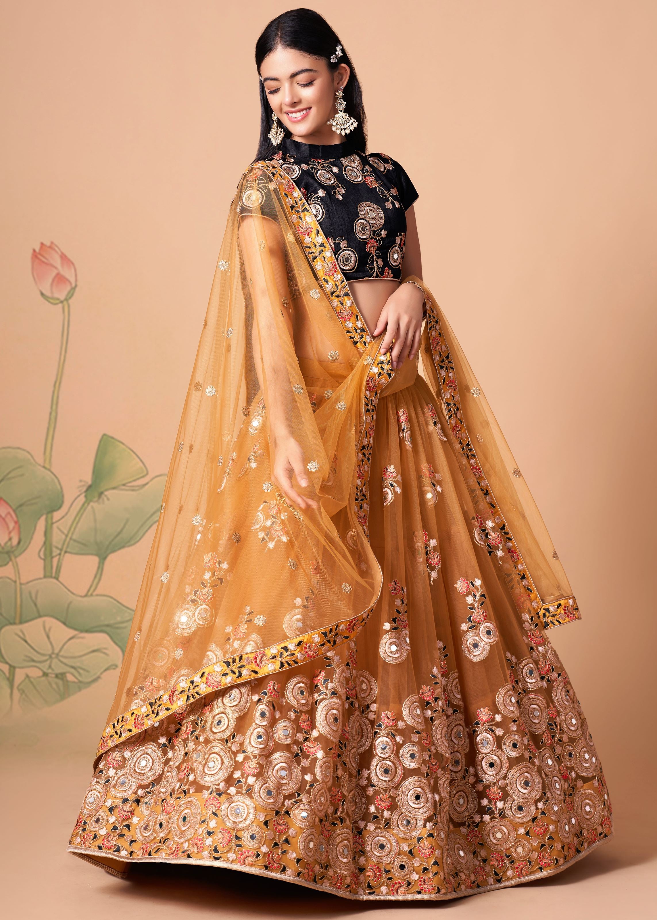 Gold Lehenga Choli With Thread, Zari, Dori And Sequins Embroidery With Mirror Work