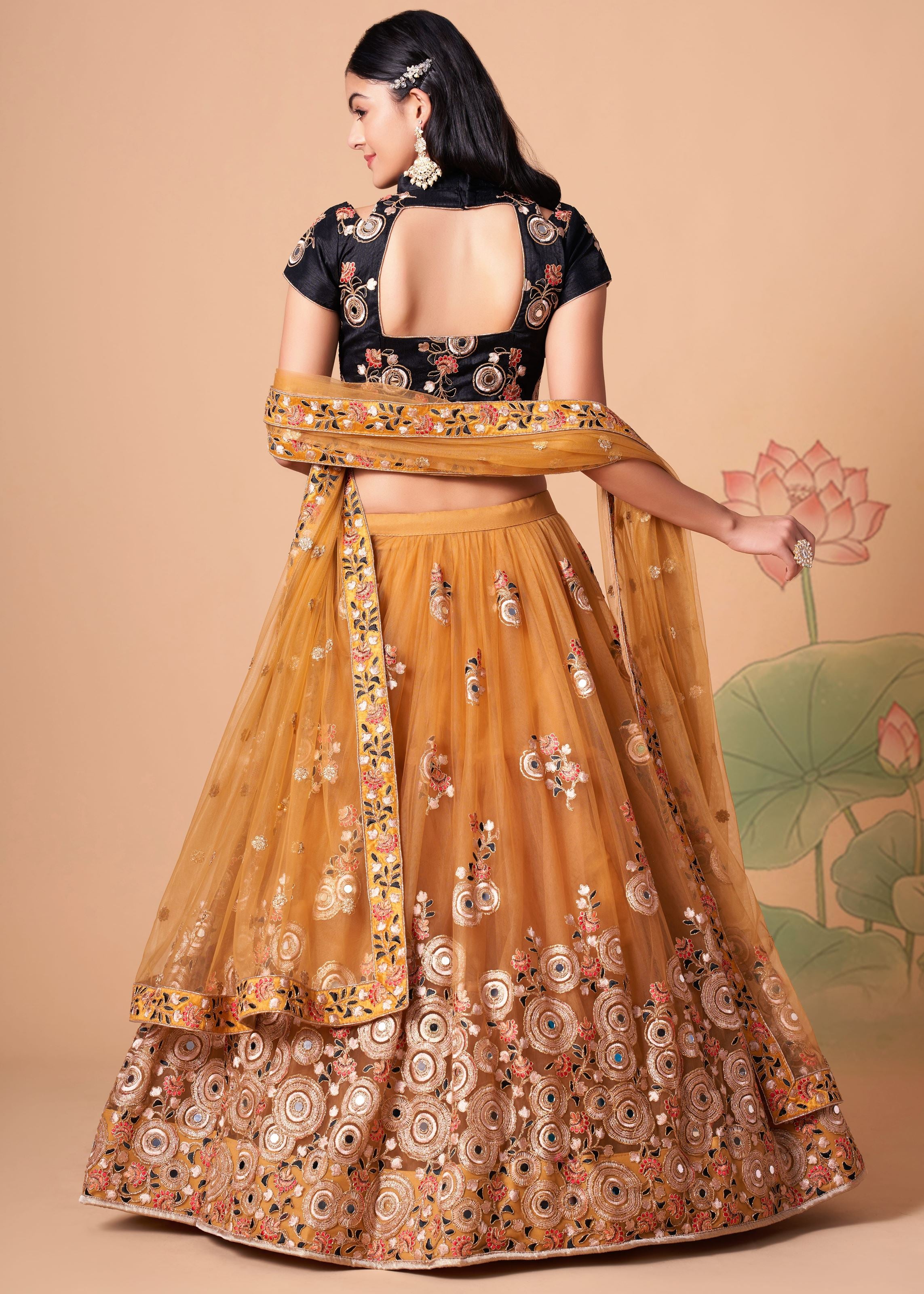 Gold Lehenga Choli With Thread, Zari, Dori And Sequins Embroidery With Mirror Work