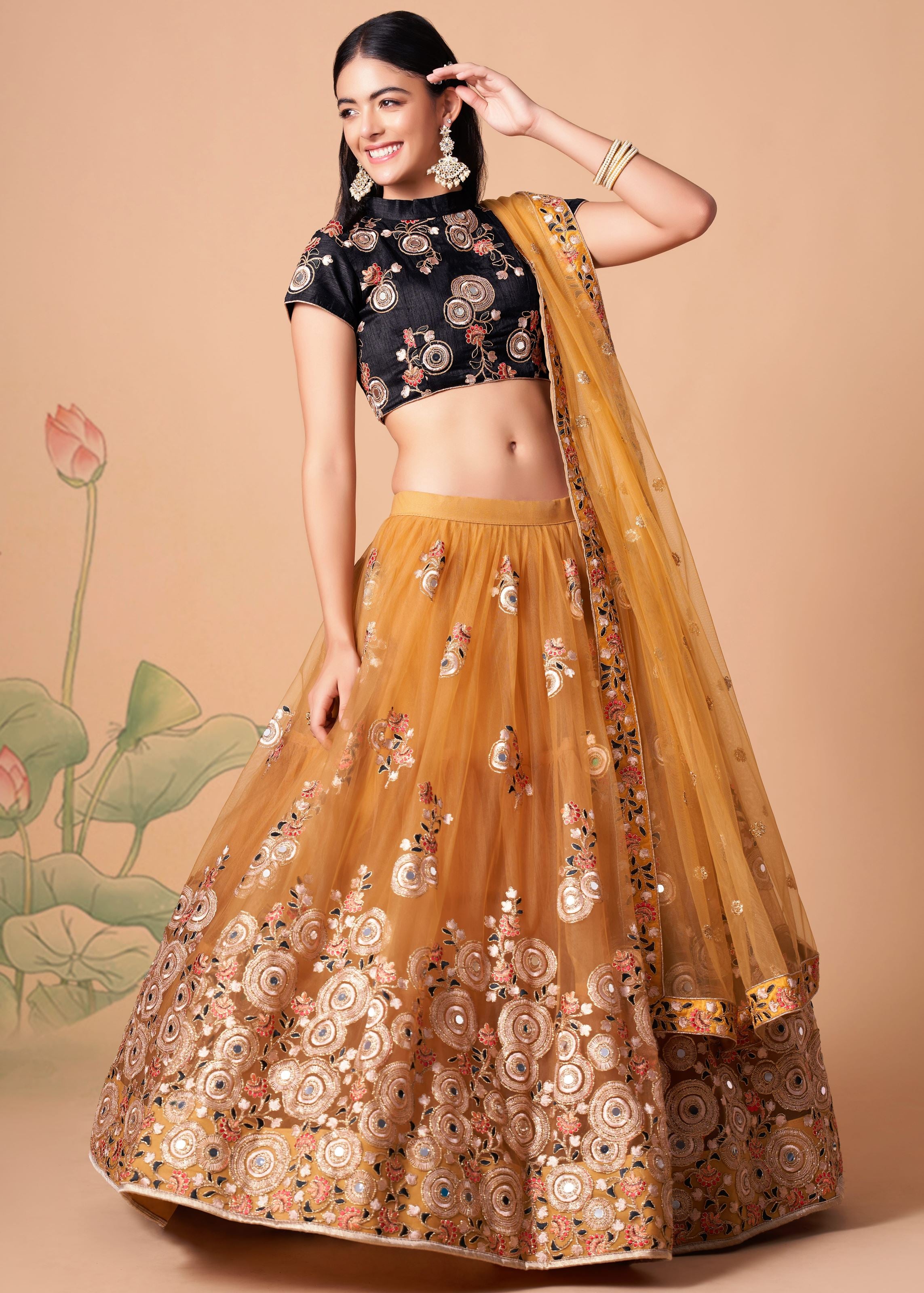Gold Lehenga Choli With Thread, Zari, Dori And Sequins Embroidery With Mirror Work