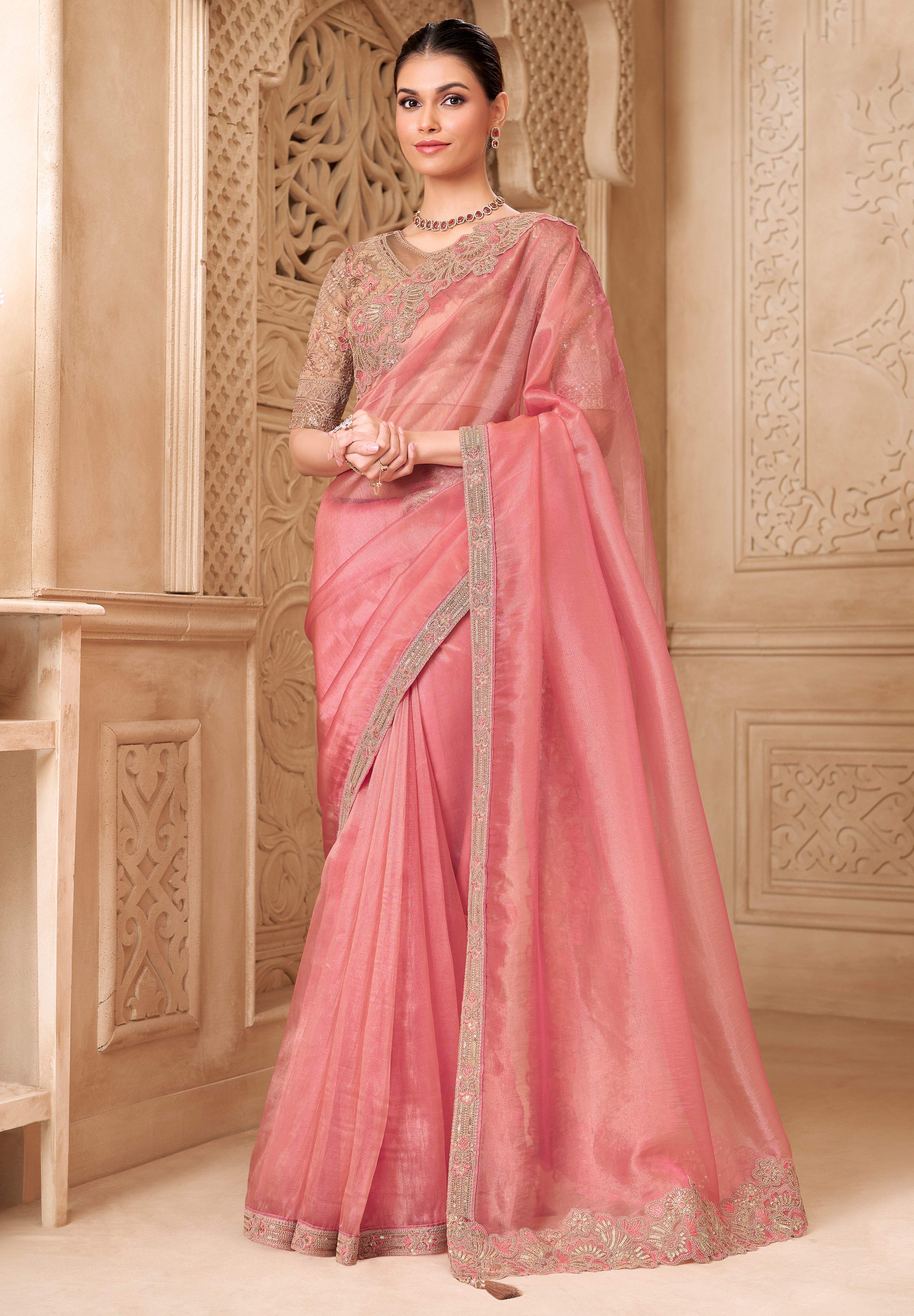 Gold Pink Saree With Heavy Thread Embroidery Sequins Border Work With Embroidery Blouse