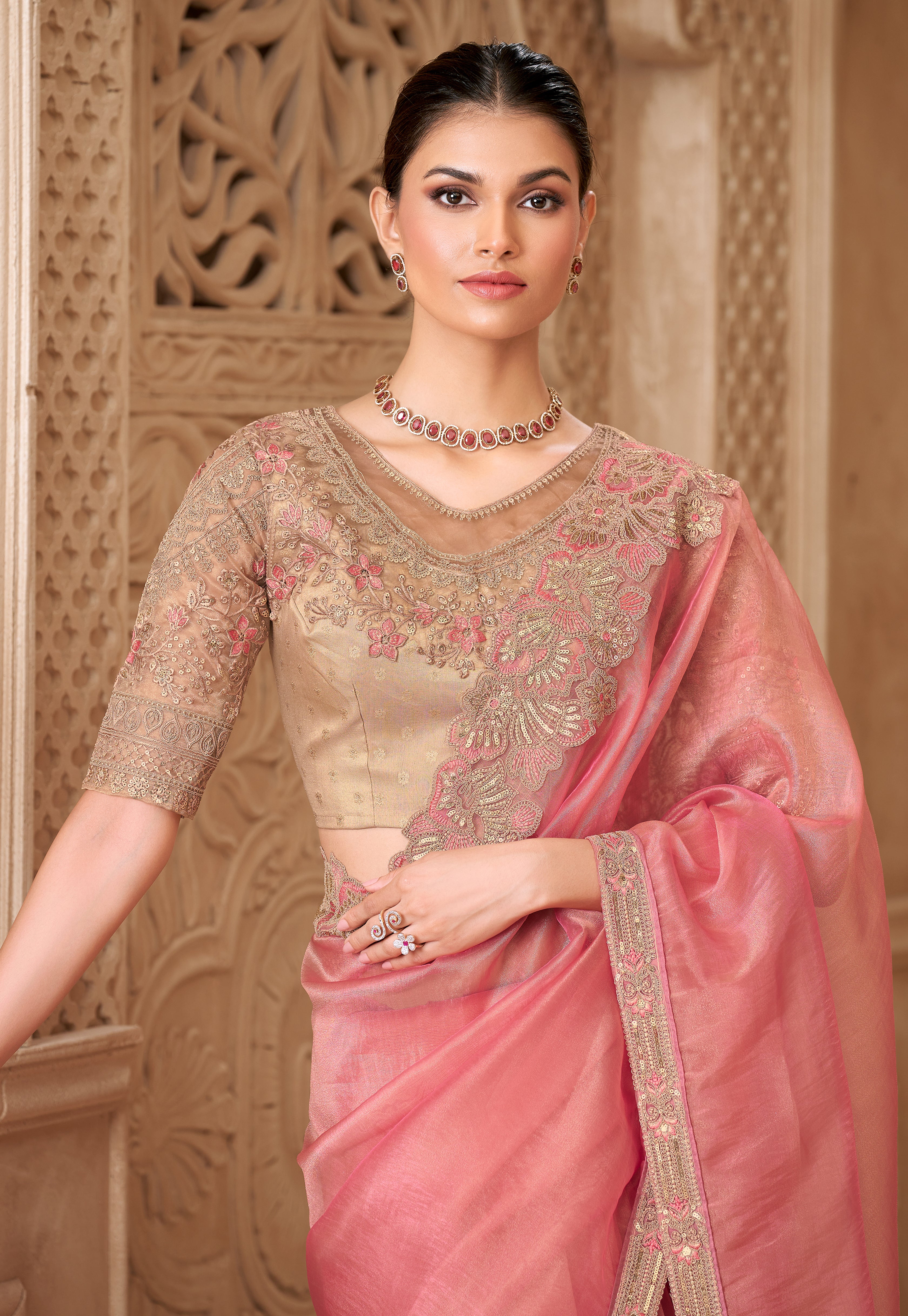 Gold Pink Saree With Heavy Thread Embroidery Sequins Border Work With Embroidery Blouse