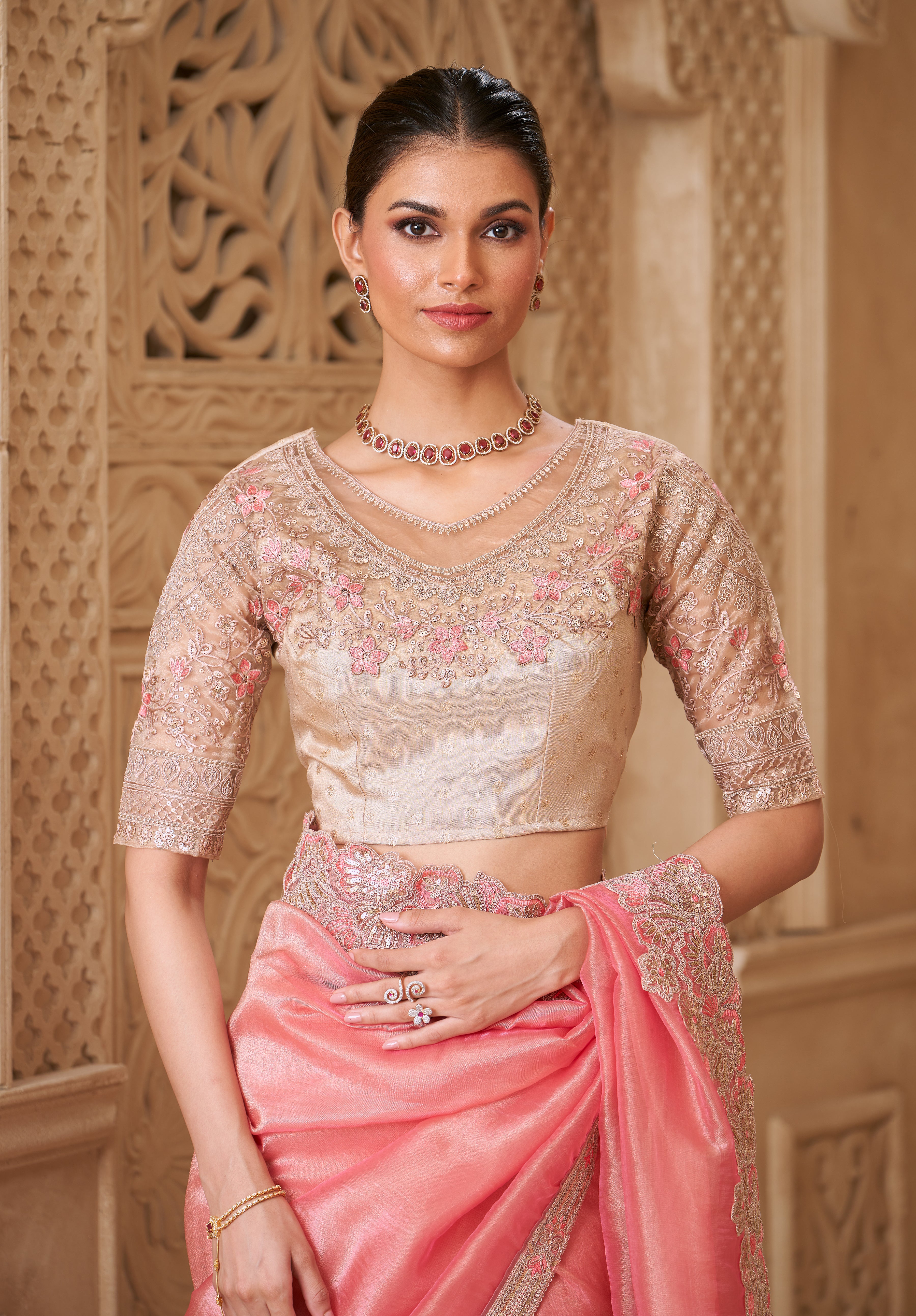 Gold Pink Saree With Heavy Thread Embroidery Sequins Border Work With Embroidery Blouse