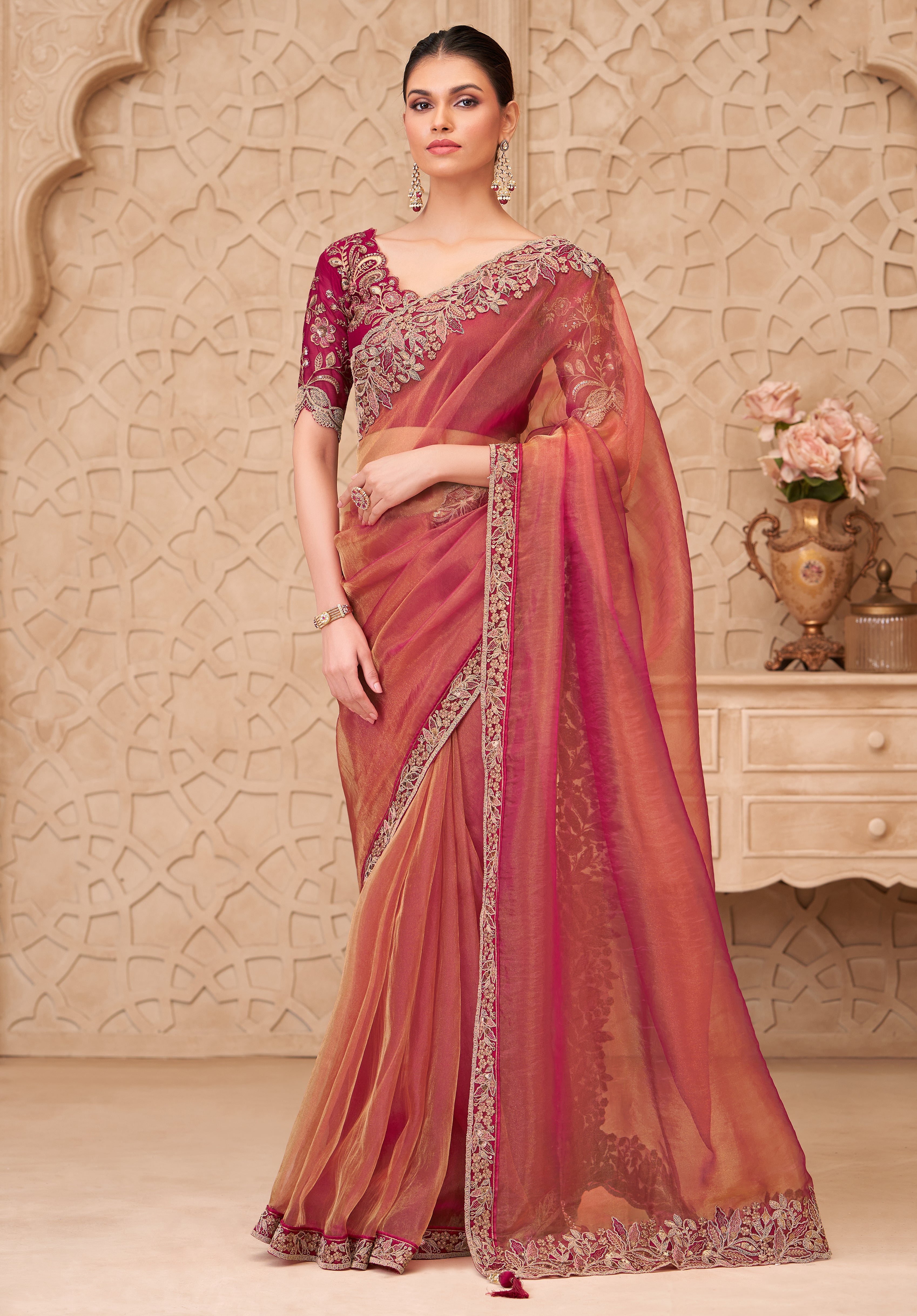 Gold Saree With Heavy Thread Embroidery Sequins Border Work With Embroidery Blouse