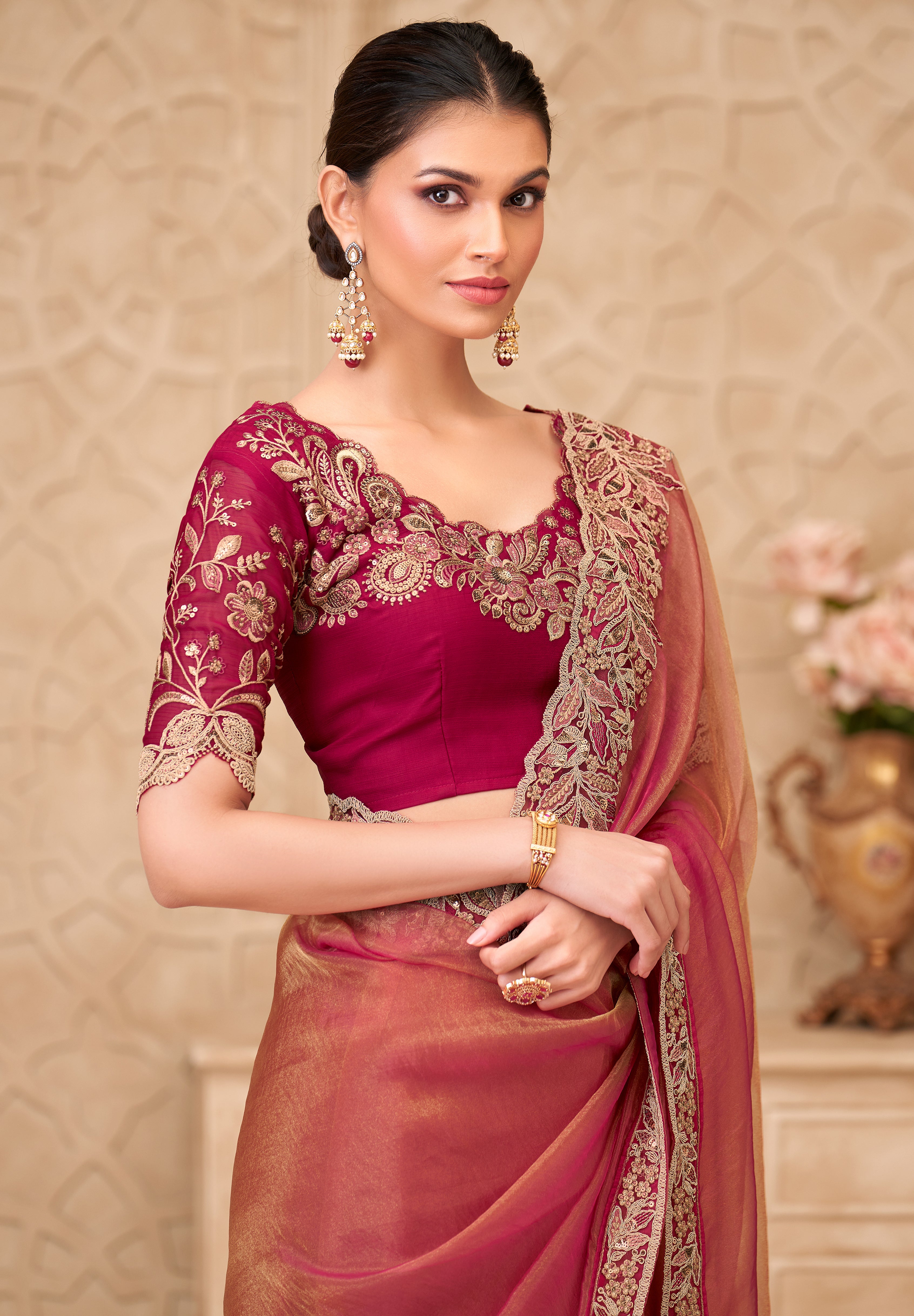 Gold Saree With Heavy Thread Embroidery Sequins Border Work With Embroidery Blouse