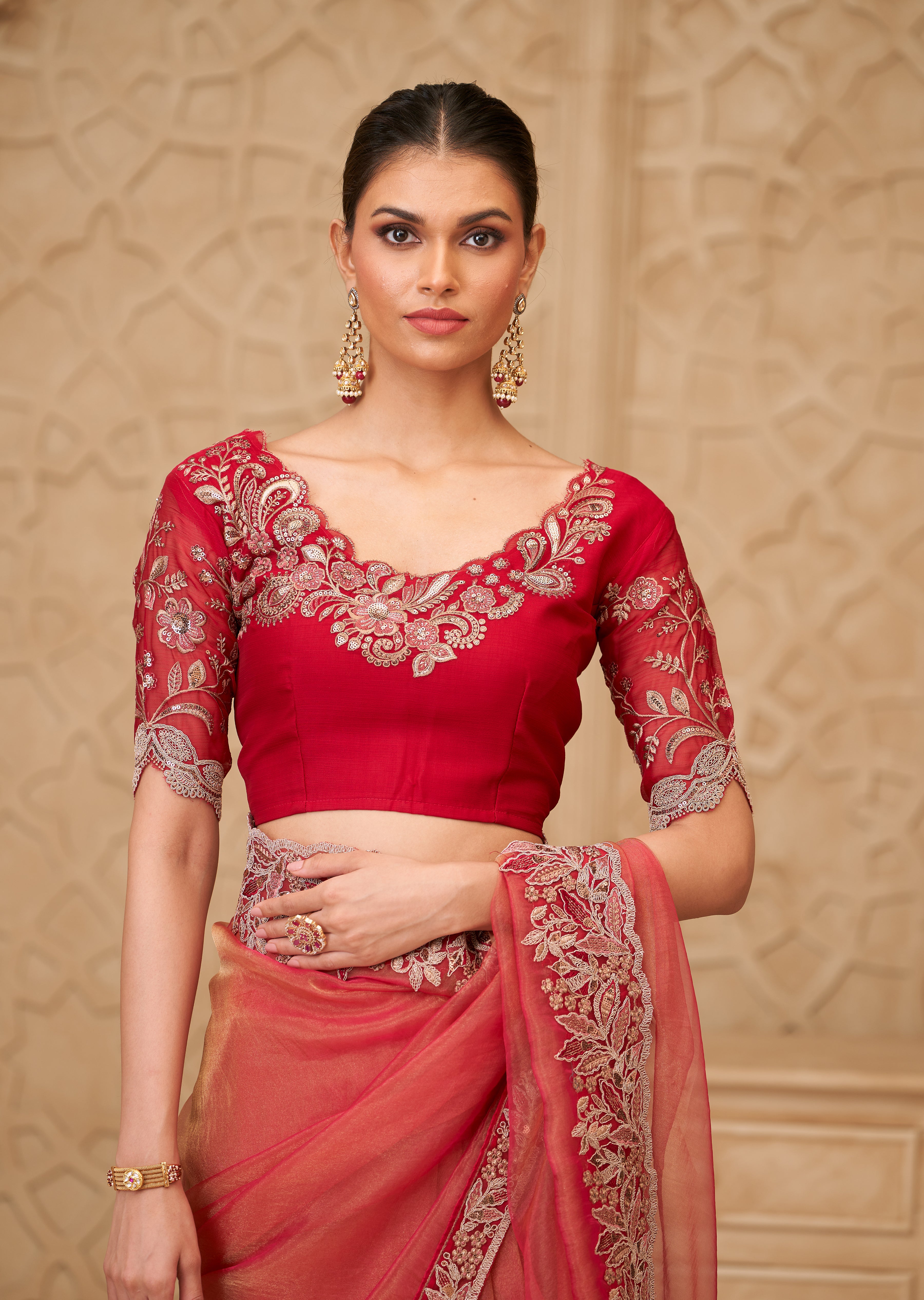 Gold Saree With Heavy Thread Embroidery Sequins Border Work With Embroidery Blouse