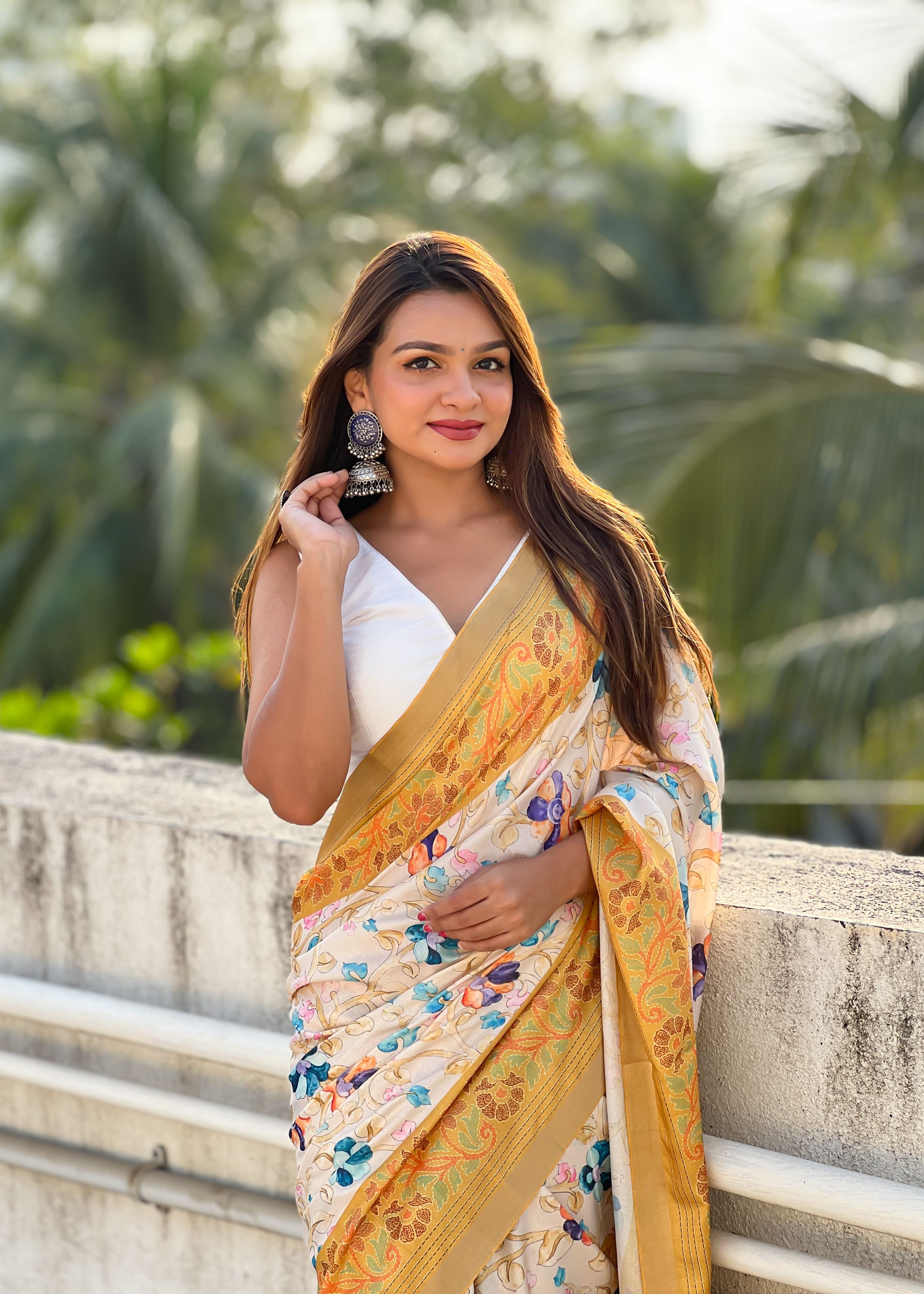 Gold Silk Blend Kalamkari Printed Saree