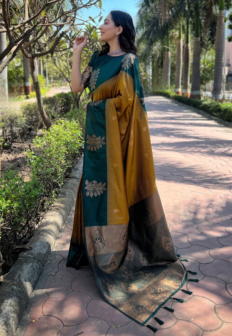 Gold Silk Blend Saree With Floral Border Zari Woven Work