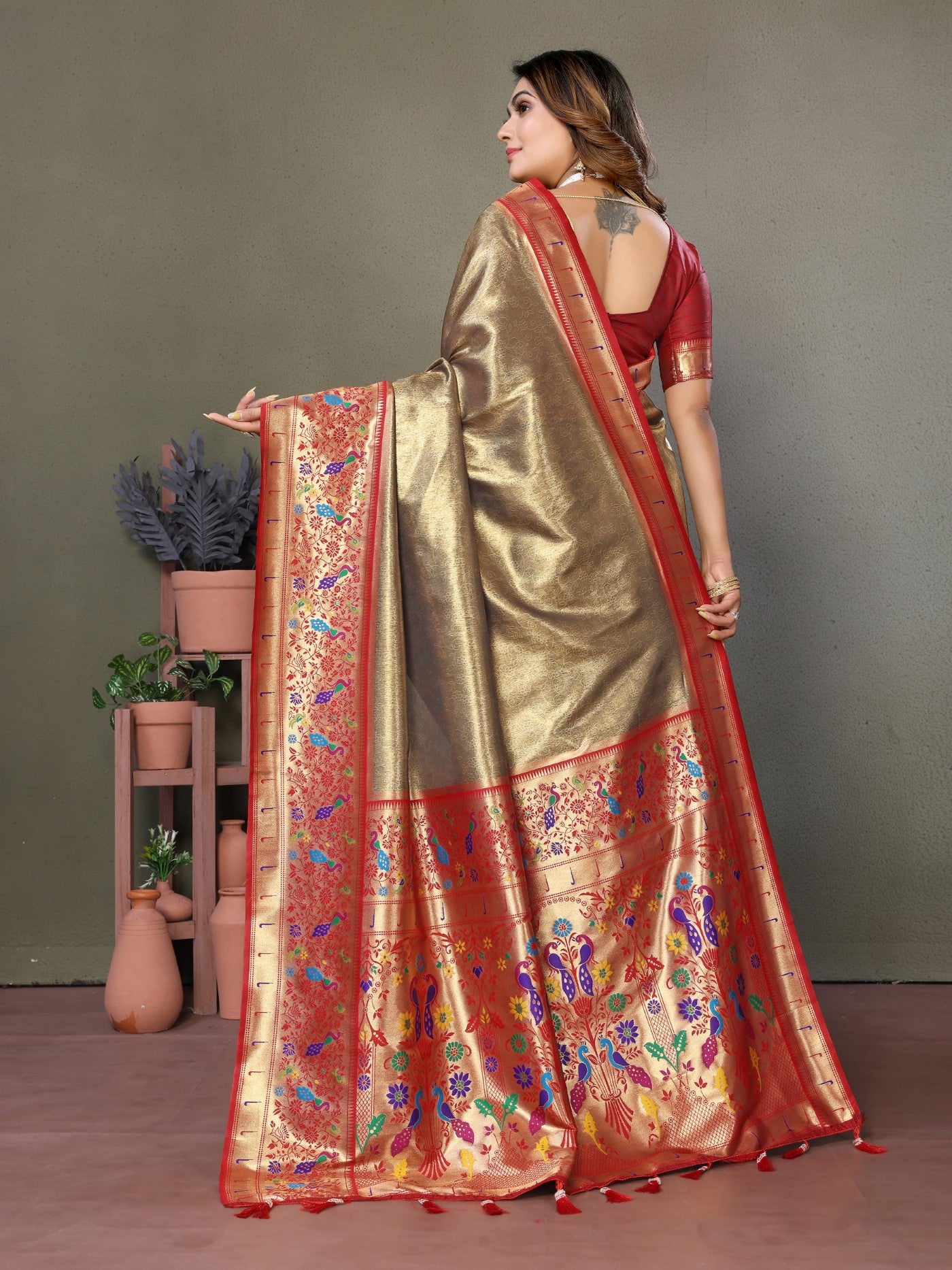 Gold Tissue Silk Saree With Paithani Woven