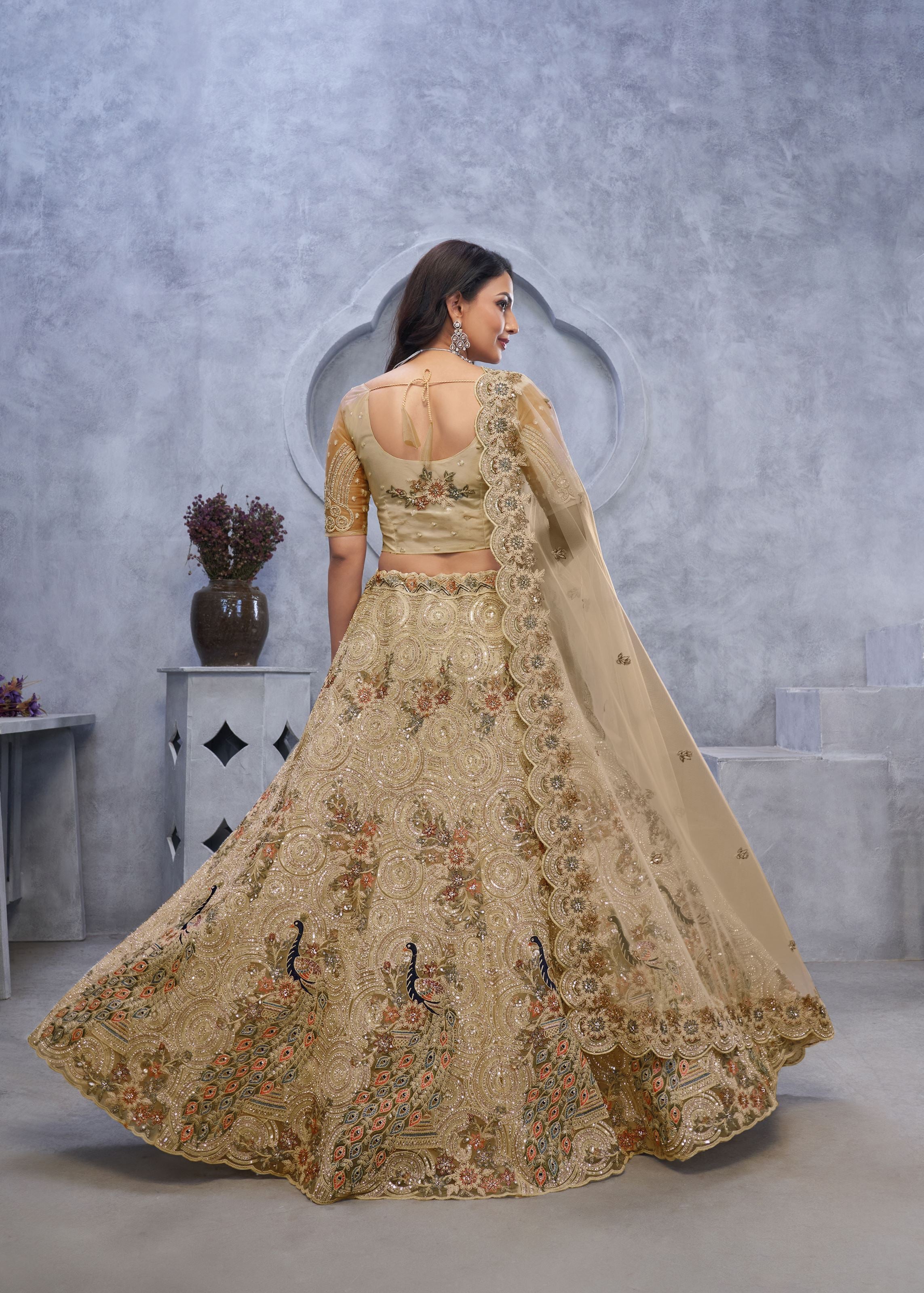 Golden Alluring Bel Butti Pattern Sangeet Lehenga Choli