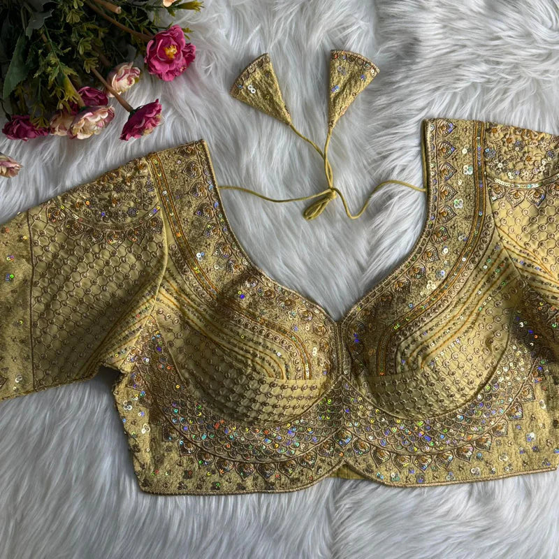 Golden Designer Bridal Blouse with Heavy Stars, Rainbow & Sequins Work Roman Silk