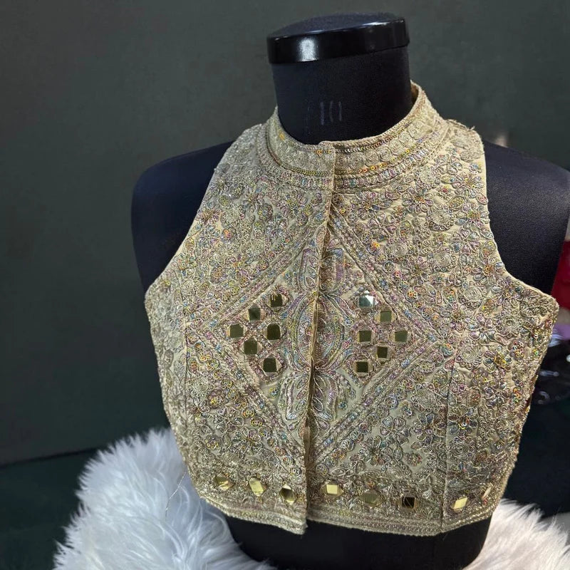Golden Designer Roman Silk Halter Neck Blouse with Real Mirror Work