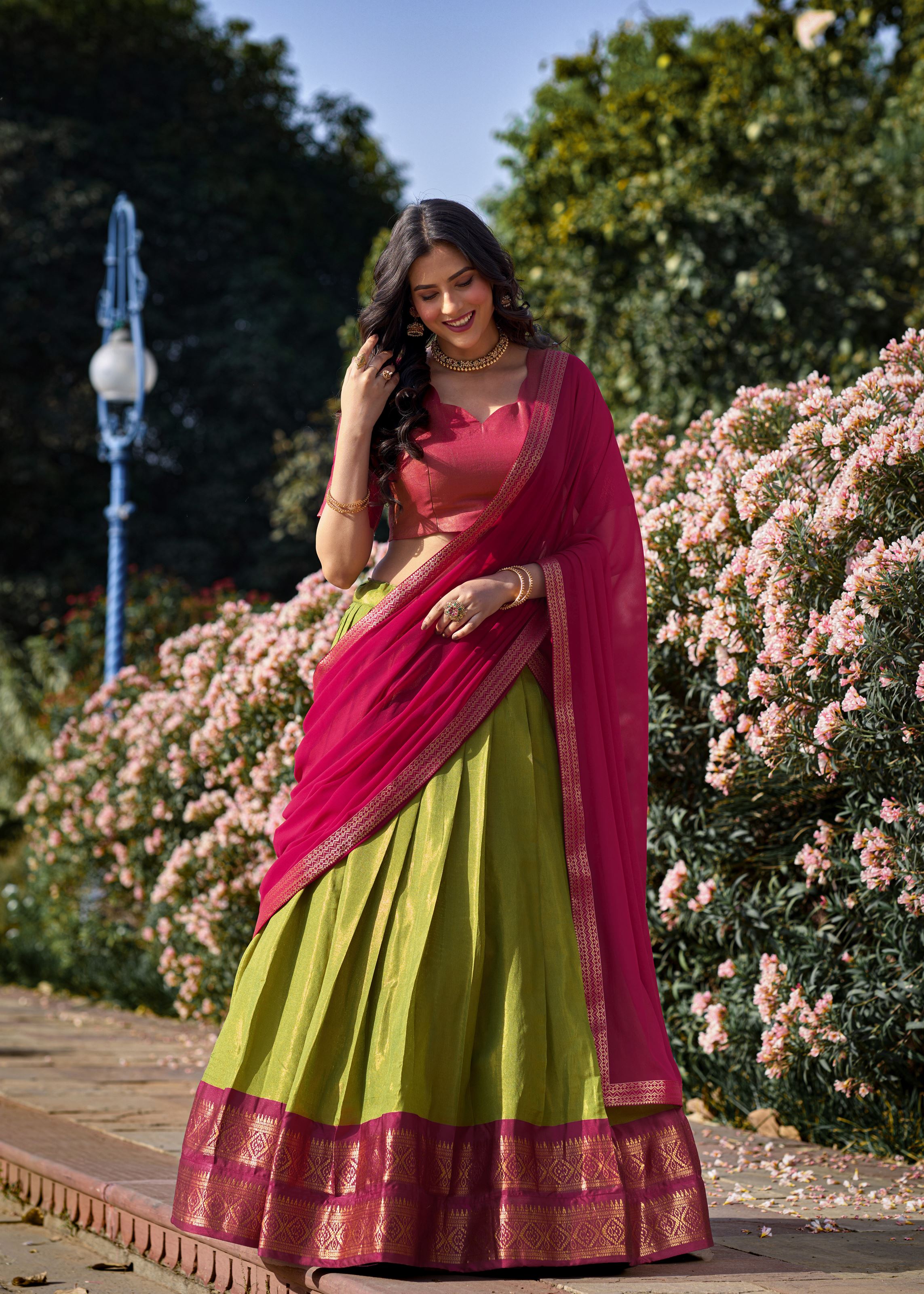Golden Glow Zari Woven Pista Kanchipuram Lehenga for Festive Grandeur