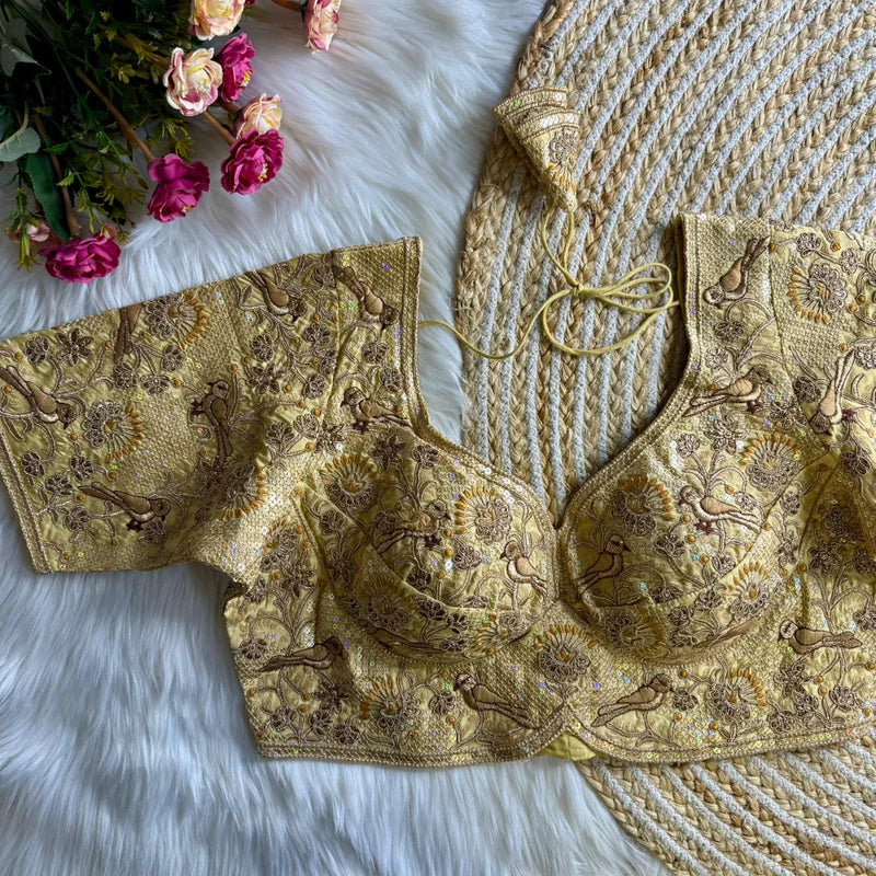 Golden Luxury Bird Motif Bridal Blouse Roman Silk Designer Wedding Wear