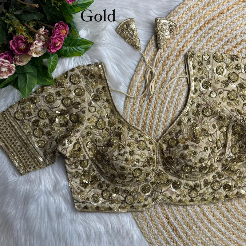 Golden Luxury Heavy Beads Bridal Blouse Roman Silk Designer Wedding Wear