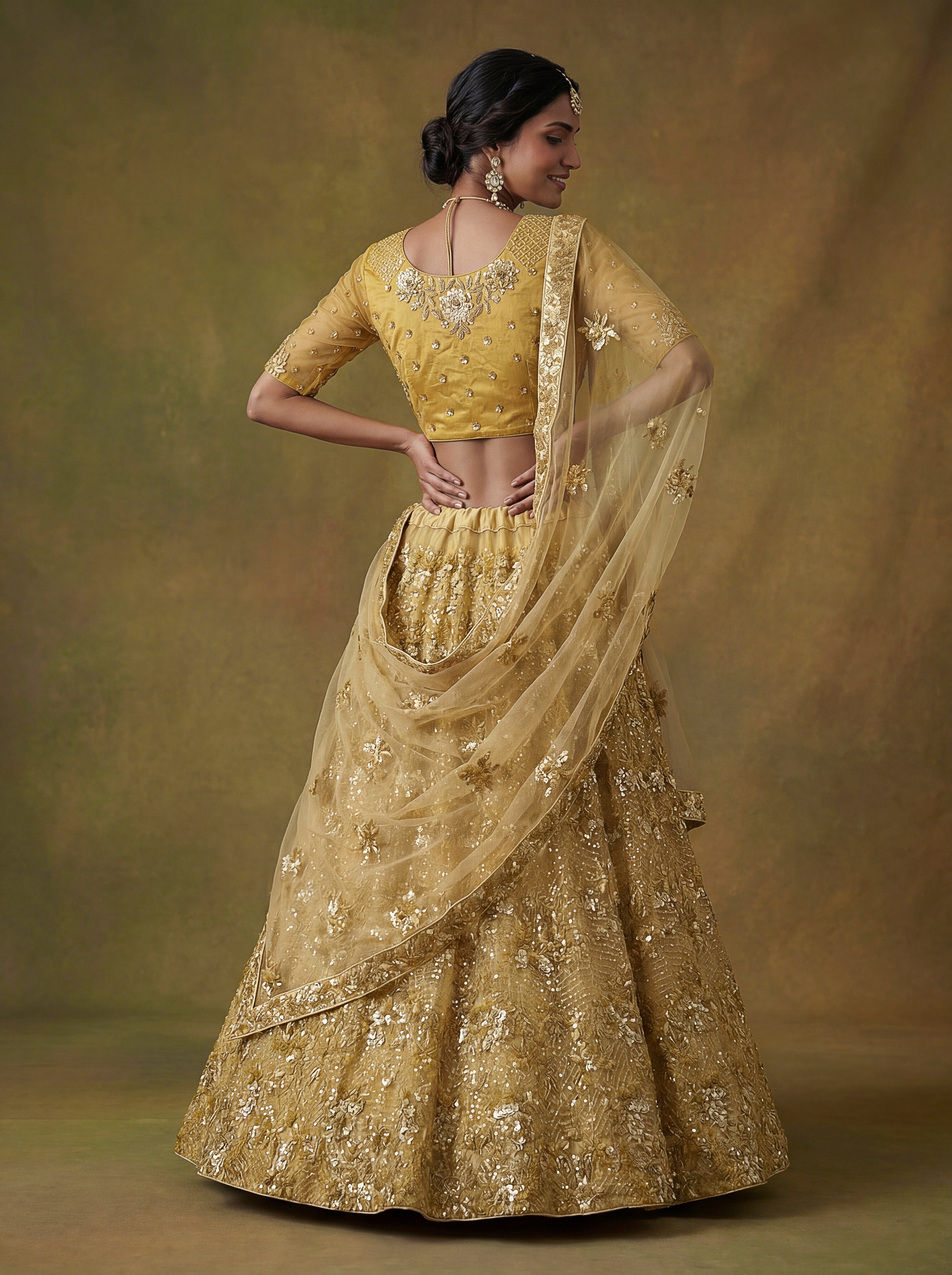 Golden Net Lehenga Choli With Fancy Multi Heavy Thread Embroidery With Sequins Work