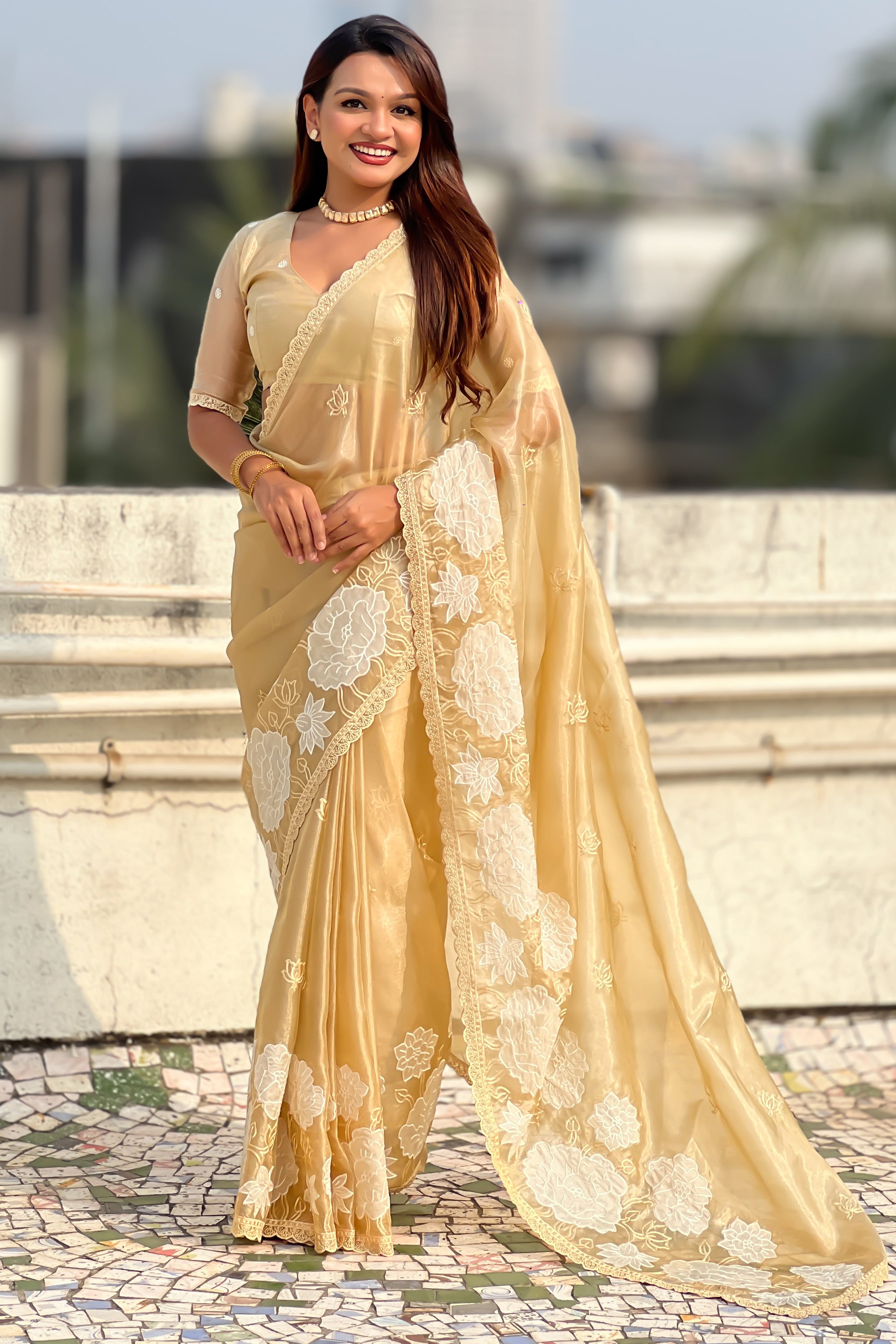 Golden Oris Silk Saree with Rich Lotus Embroidery Cut Work