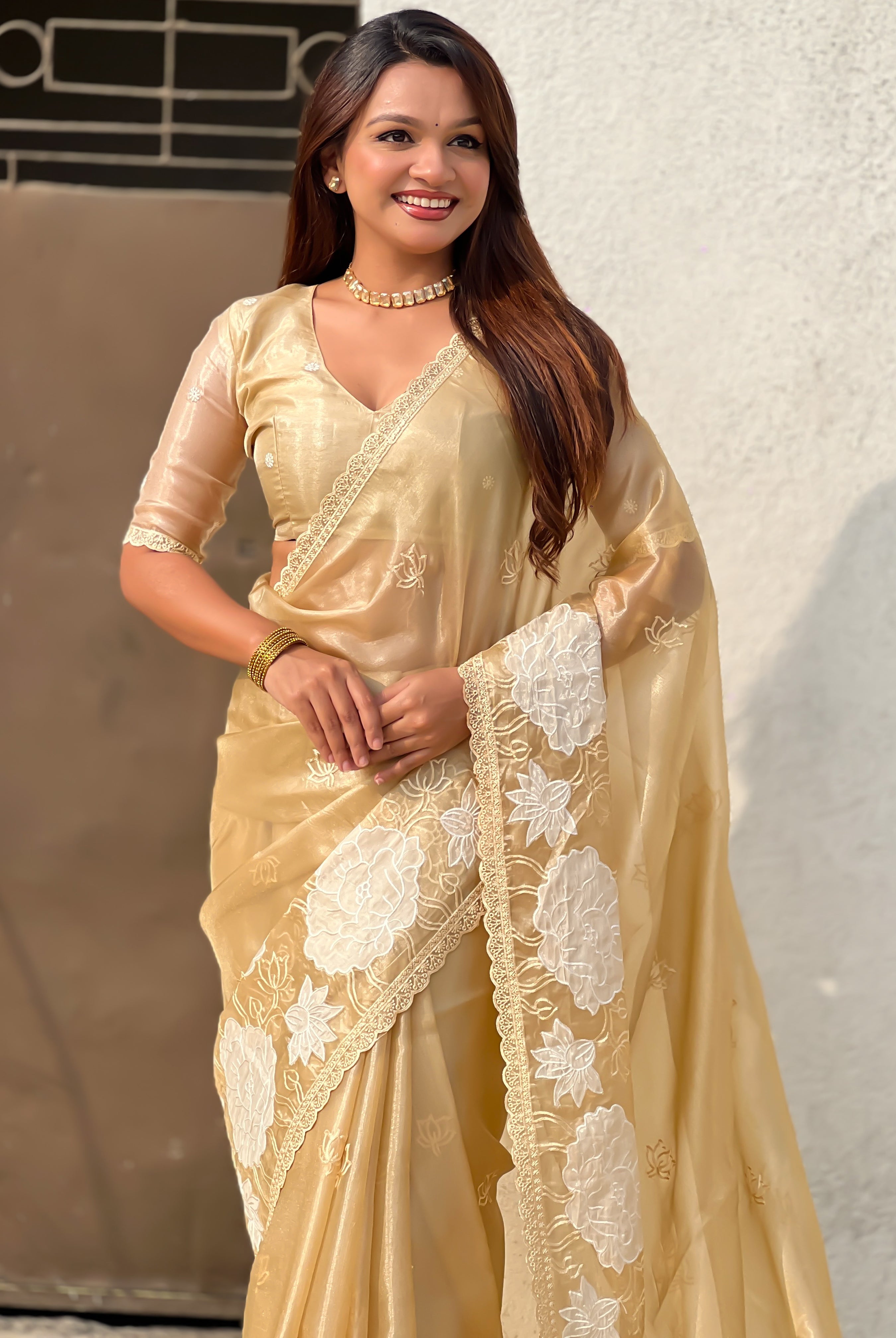Golden Oris Silk Saree with Rich Lotus Embroidery Cut Work