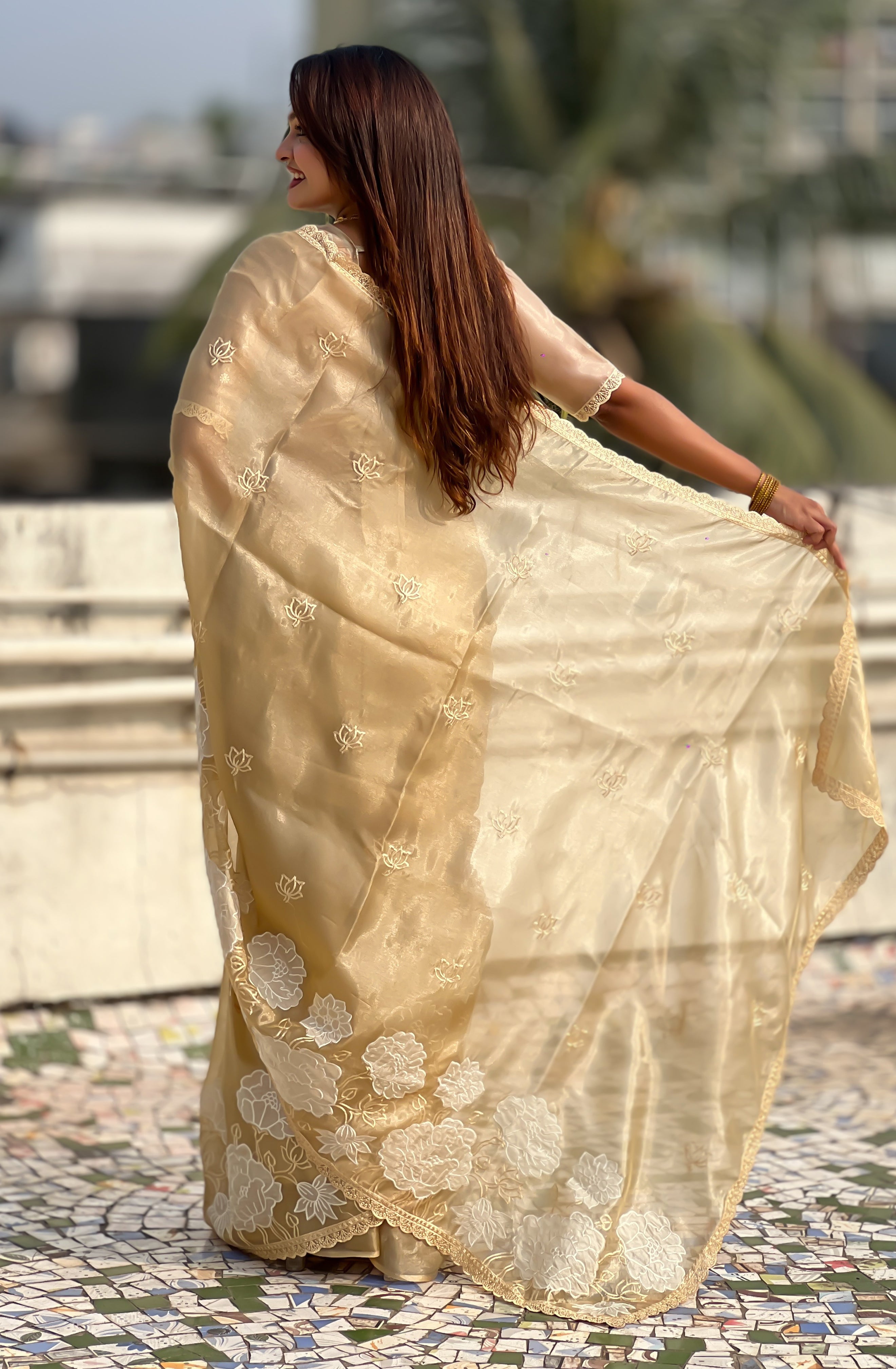 Golden Oris Silk Saree with Rich Lotus Embroidery Cut Work