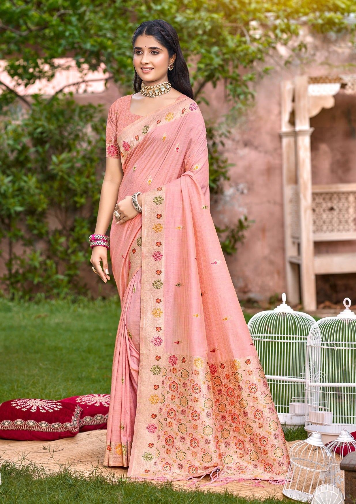 Grace-Infused Peach Assam Silk Meenakari Festival Saree