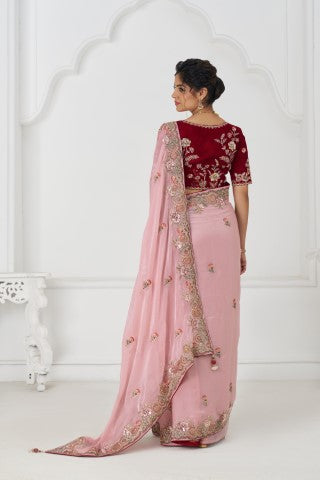 Graceful Pink Zari And Sequins On Rich Fendi Silk Saree