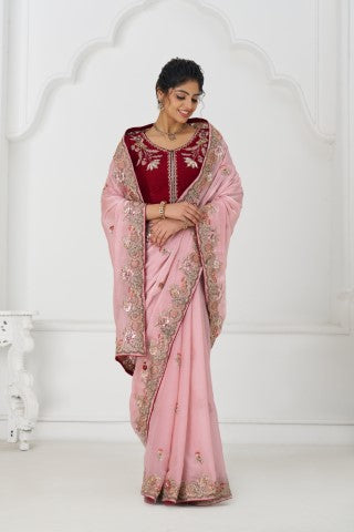 Graceful Pink Zari And Sequins On Rich Fendi Silk Saree
