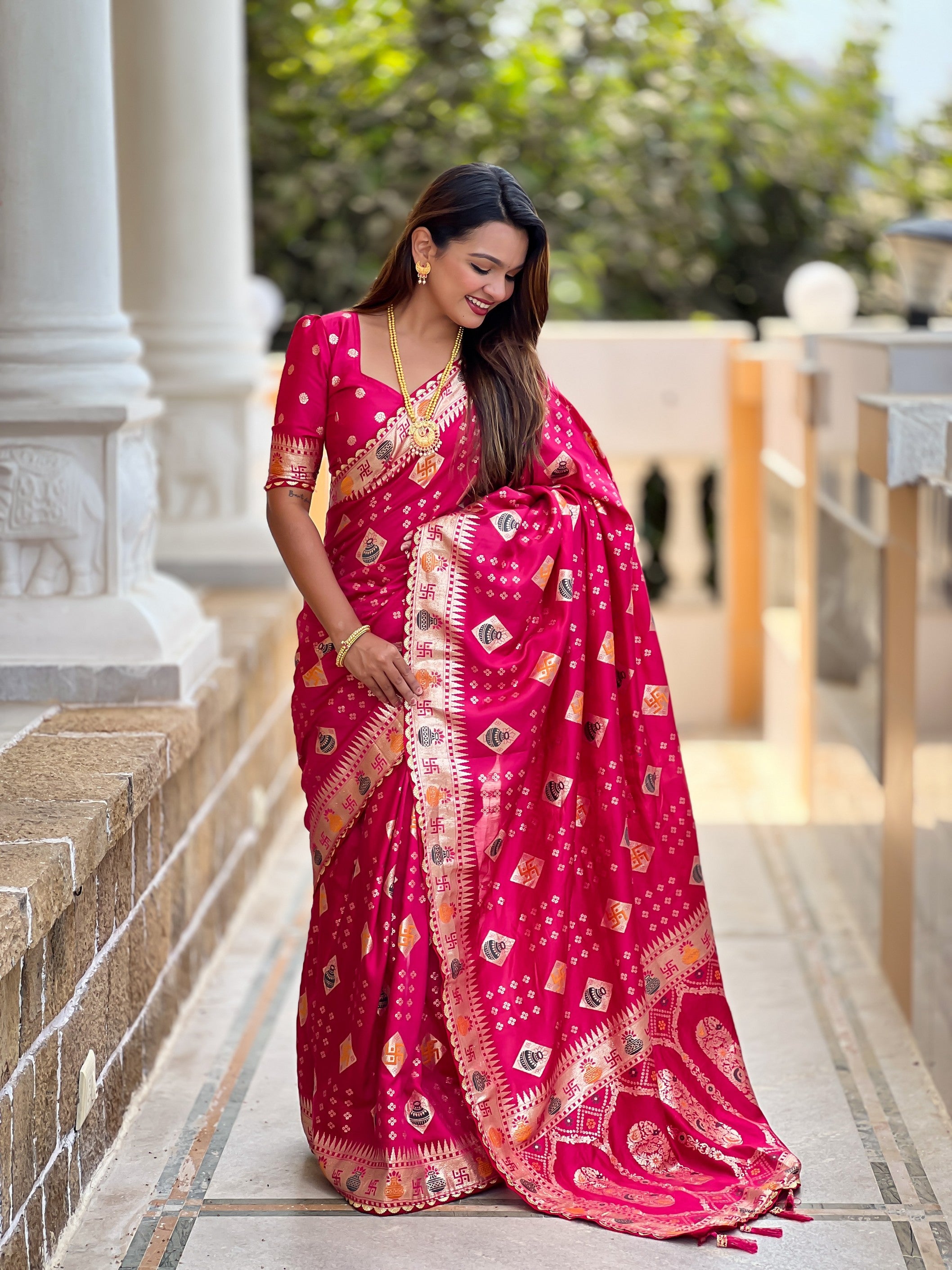 Graceful Woven Meenakari Designer Pink Dola Silk Saree