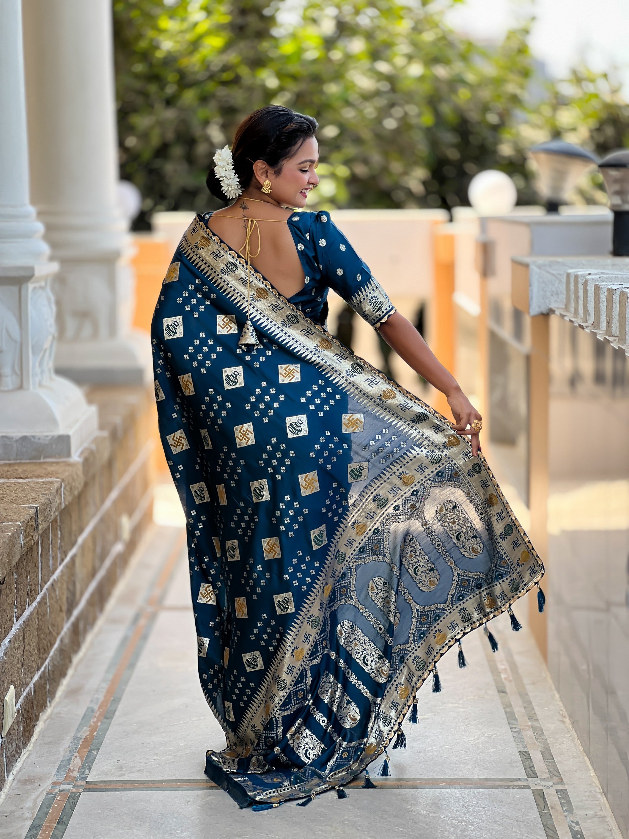 Graceful Woven Meenakari Designer Teal Blue Dola Silk Saree