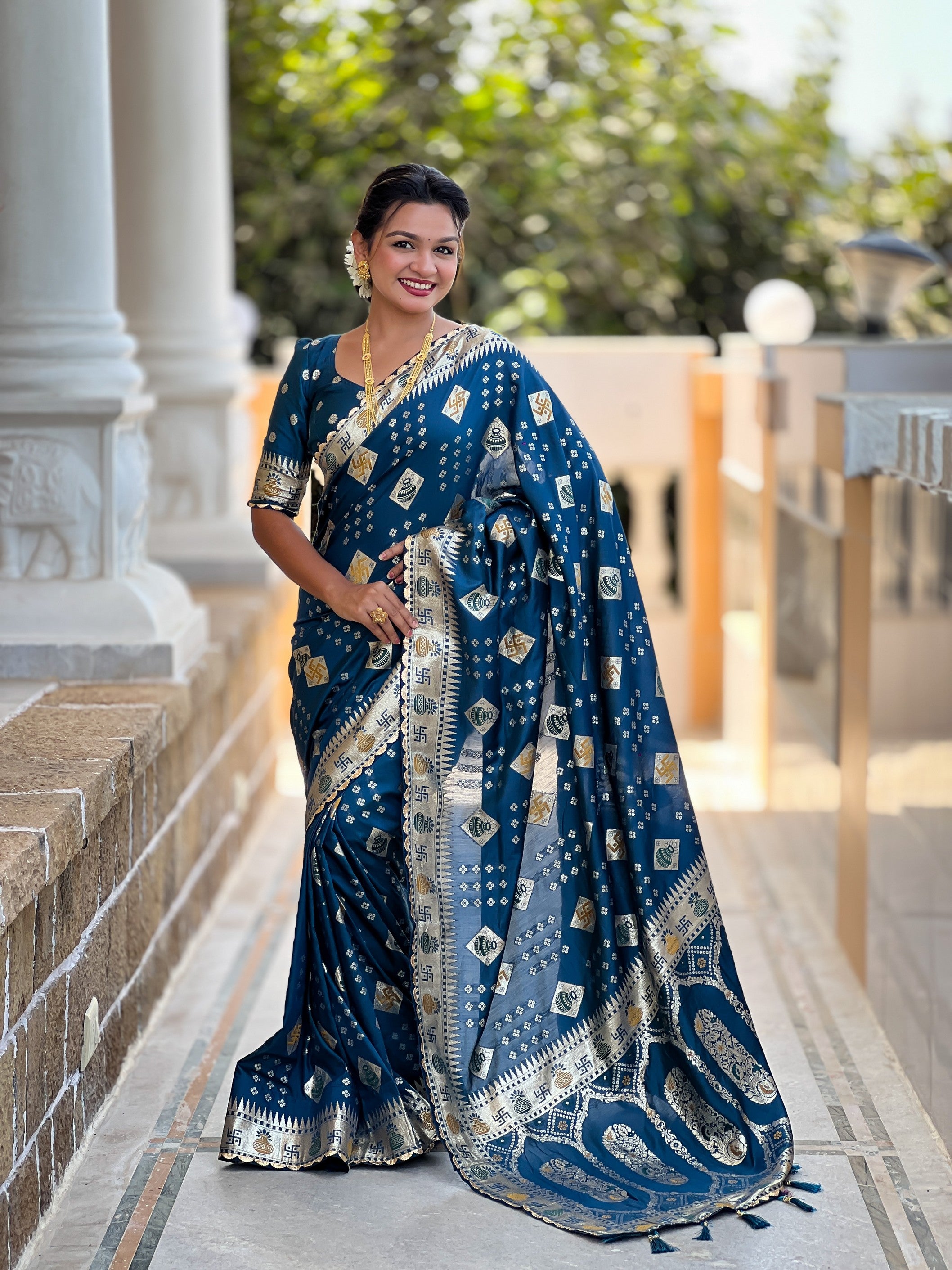 Graceful Woven Meenakari Designer Teal Blue Dola Silk Saree