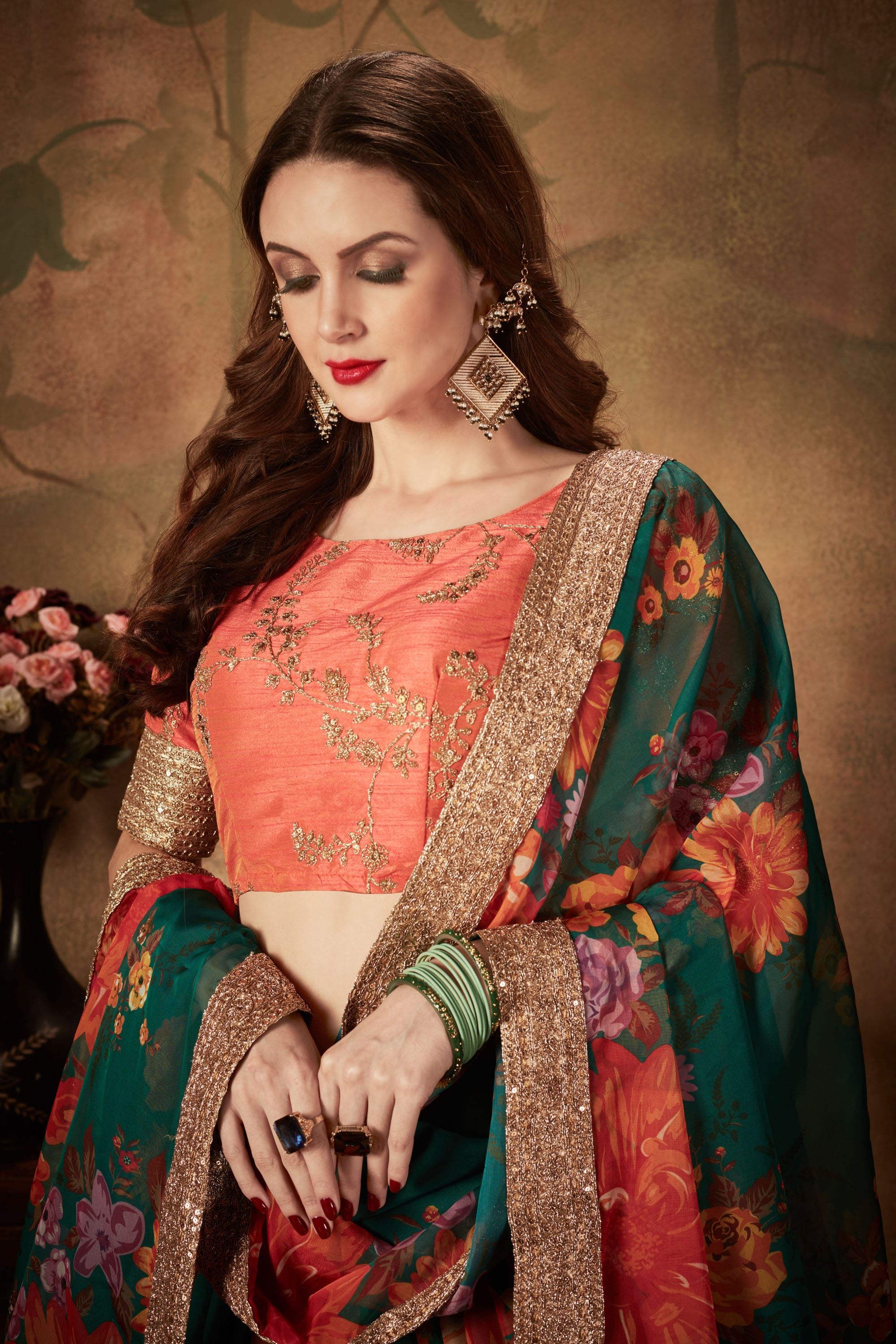 Green And Orange Lehenga Choli With Digital Print & Dori, Zari And Sequins Embroidery Work