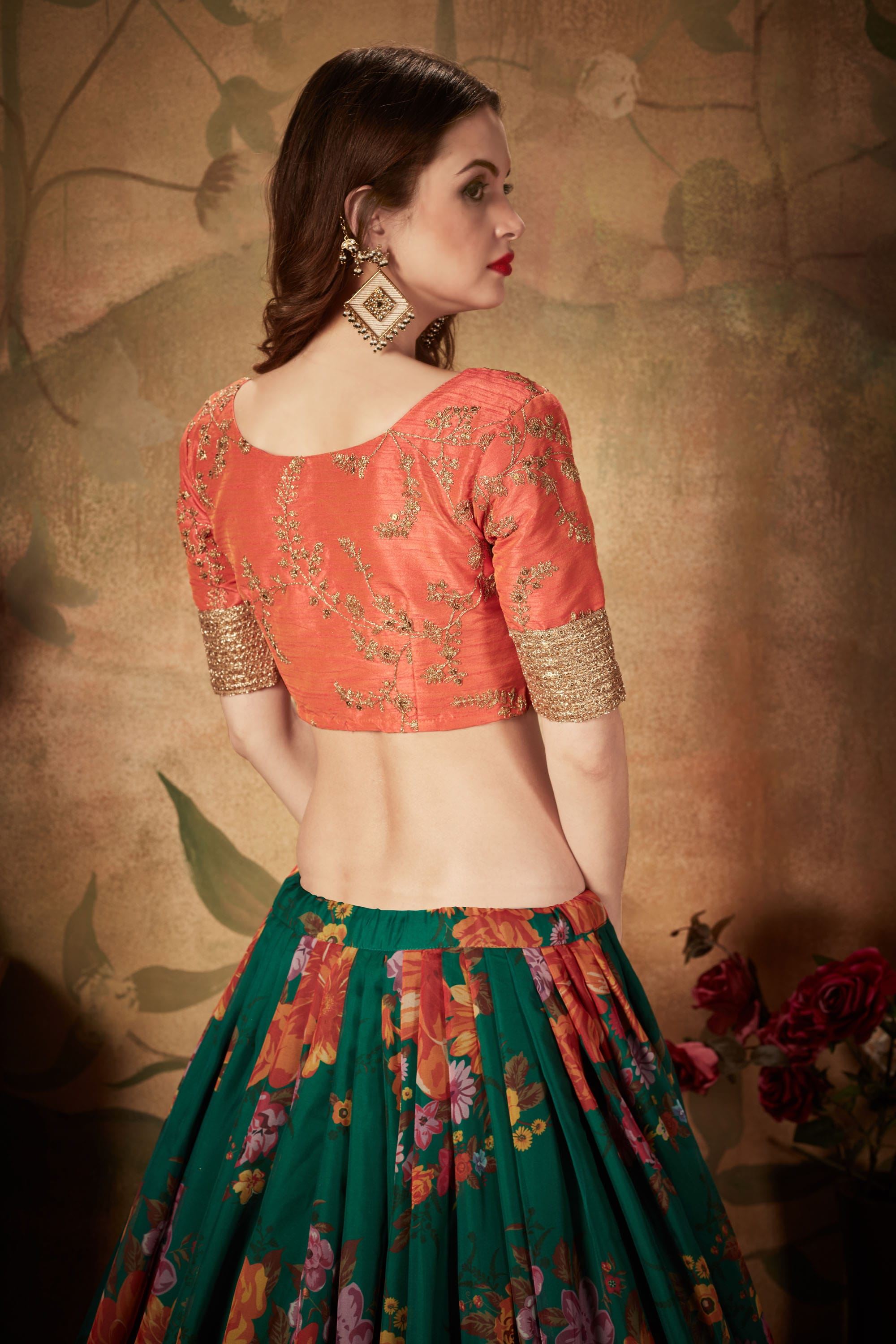 Green And Orange Lehenga Choli With Digital Print & Dori, Zari And Sequins Embroidery Work