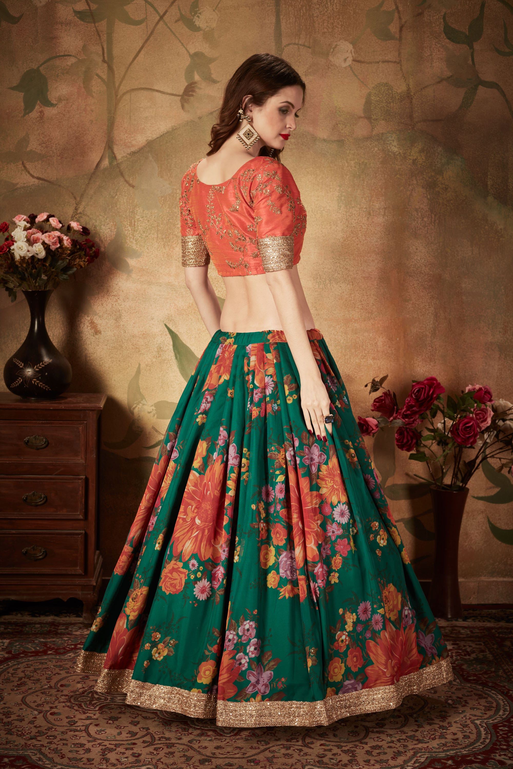 Green And Orange Lehenga Choli With Digital Print & Dori, Zari And Sequins Embroidery Work