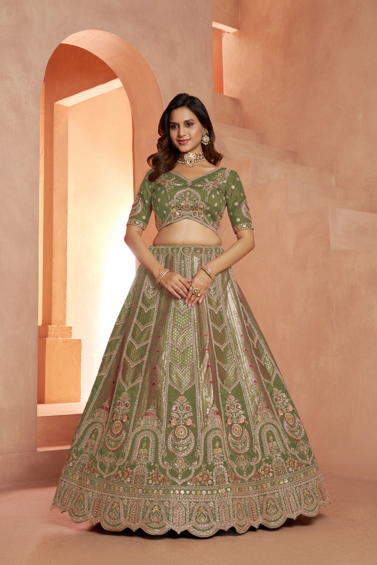 Green Banarasi Silk Floral Zari Embroidered Bridal Lehenga Choli